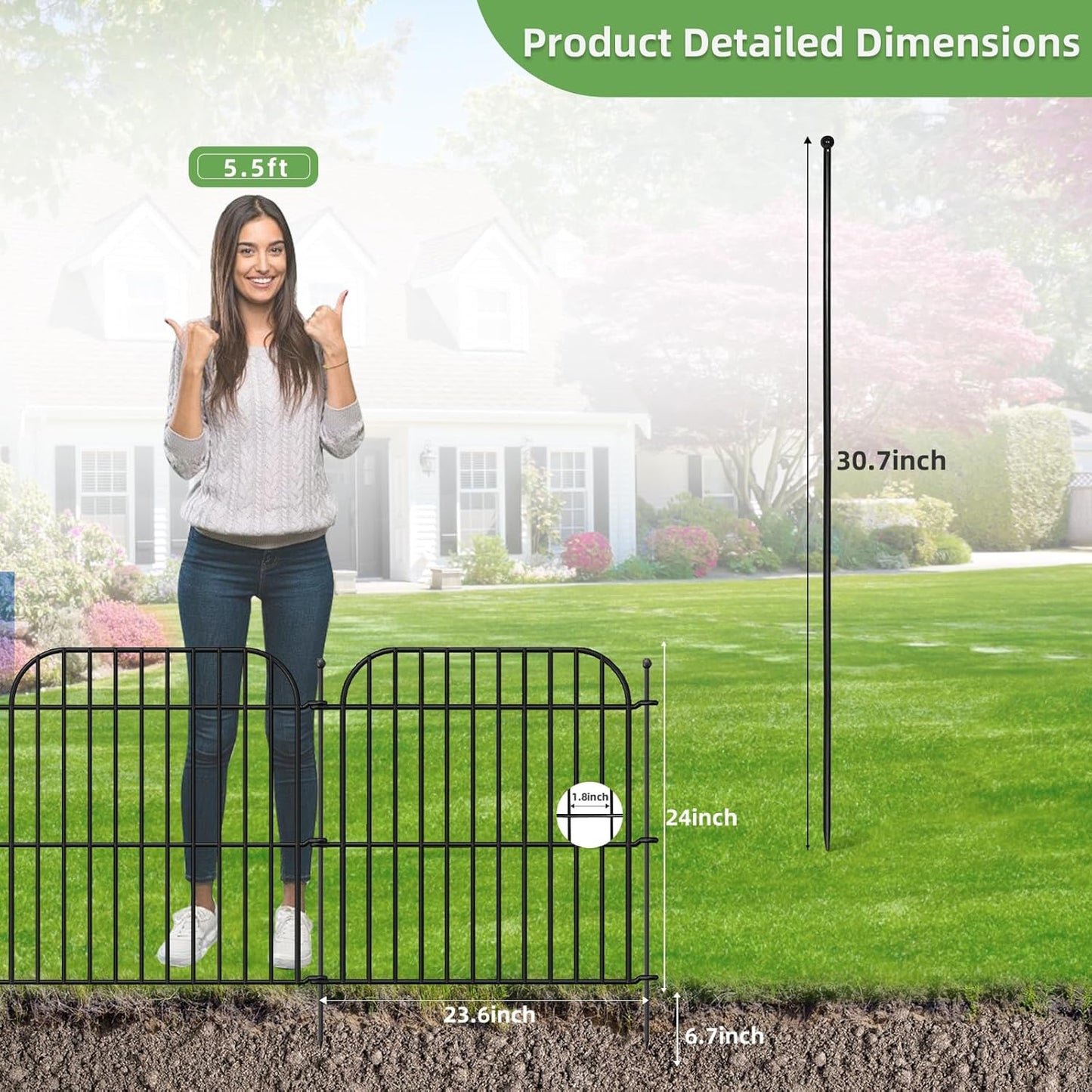 5 Panels No Dig Decorative Garden Fence for Yard, 24 in(H) x 10 ft(L) Rustproof Metal Wire Fence Border with Patio Temporary Ground Stakes, Animal Barrier Fencing for Dog and Small Pets