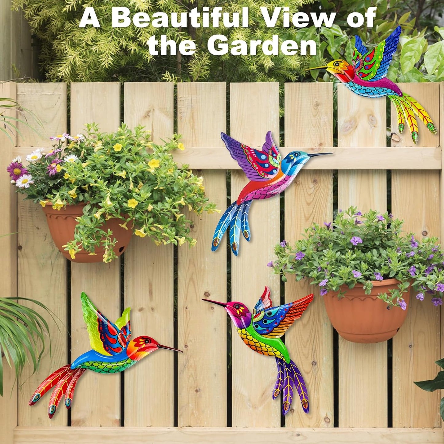 ULENDIS 4 Pack Metal Hummingbird Wall Art Outdoor Decor, 3D Colorful Outdoor Wall Art Fence Decorations for Patio and Yard, Wall Sculpture Hanging Decor for Garden Living Room Balcony