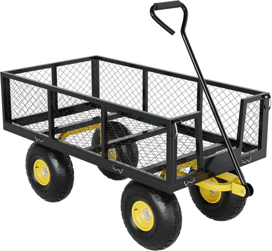 500 Lbs Garden Wagon, 2-in-1 Heavy-Duty Steel Garden Cart, with 10 Inch All-Terrain Tires and Removable Mesh Side Panels, 180° Rotating Handle, Metal Multi-Function Carts, Outdoor Gardens Wagon Cart