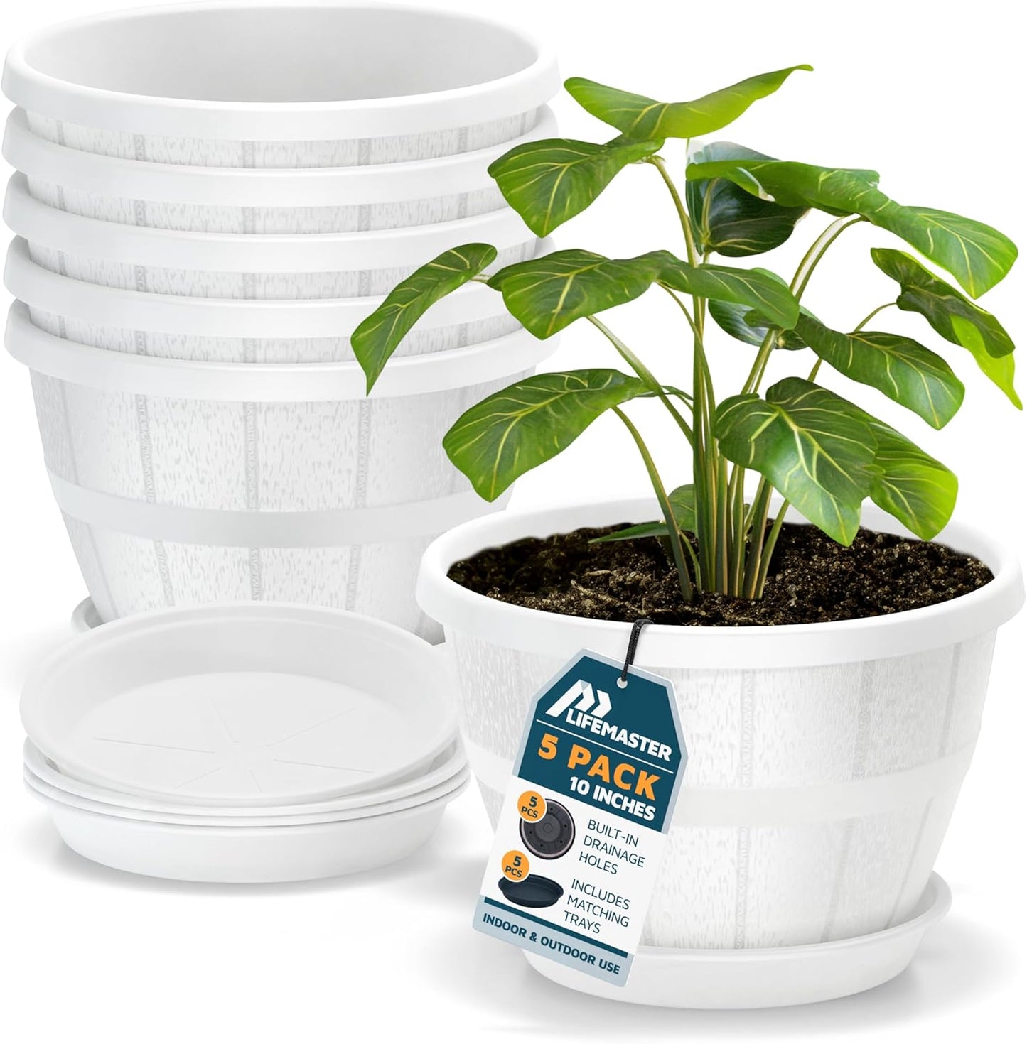 10-Inch Whiskey Barrel Planters Outdoor Pack of 5 - Durable Plastic Plant Pots for Indoor & Outdoor Use with Drainage & Saucer, Lightweight Rustic Barrel Planters for Flowers, Herbs & Small Plants