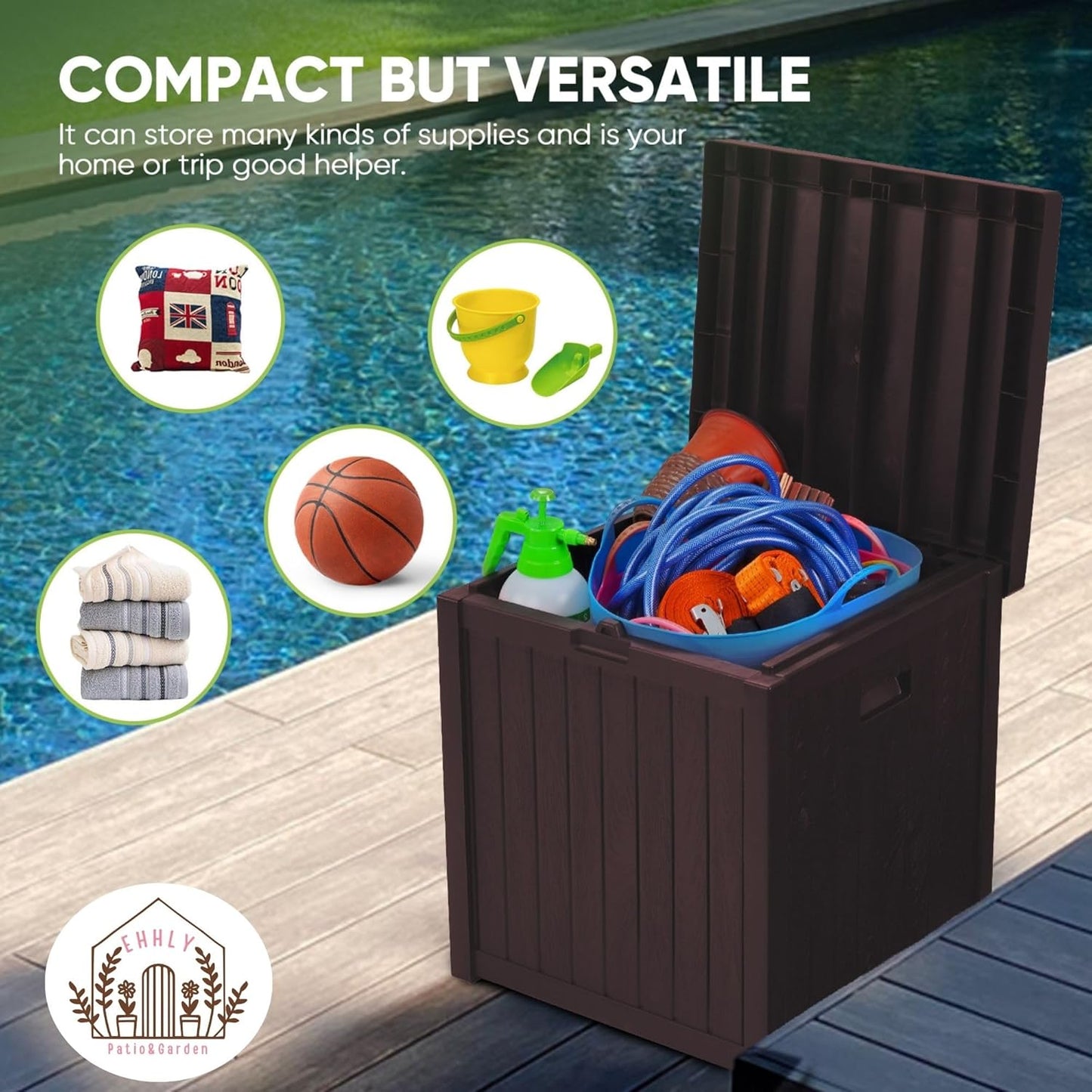 Deck Box, 51 Gallon Front Porch Package Bin Delivery Box for Outside, Small Patio Outdoor Storage Boxes Waterproof, UV Resistant Plastic Resin Pool Storage Bins with lids, Brown