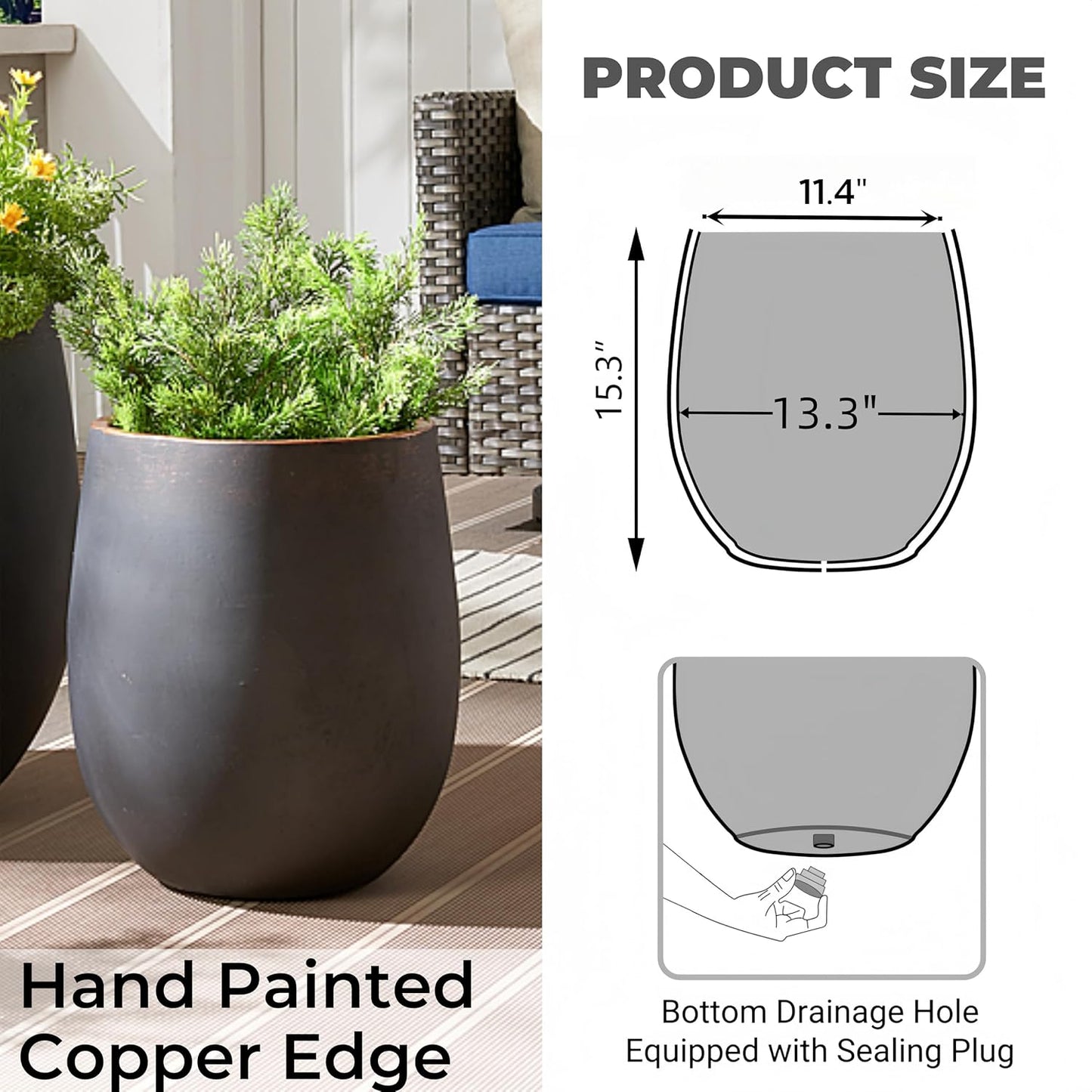 13.3" Dia x 15.3" H Concrete Planter, Outdoor Planter, Black with Gold Rim, Flower Pot with Drainage Hole and Silicone Plug, Plant Container for Garden, Patio, Home, Office, 1 Pack