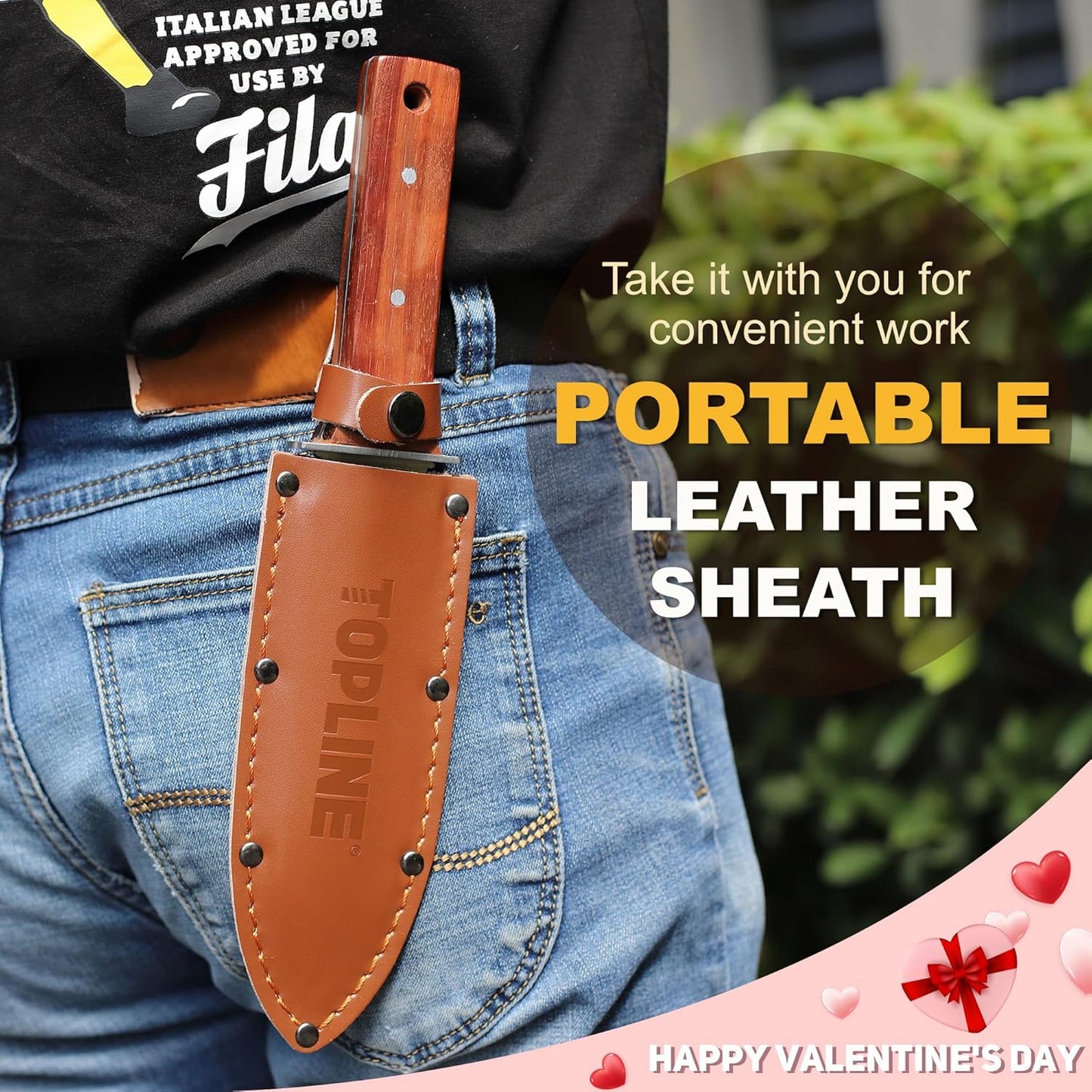 Topline Hori Hori Garden Knife, Double-edge Stainless Steel Blade, Garden Knife with Leather Sheath for Digging, Weeding, Planting, Sharpener, Sharpening Stone Included