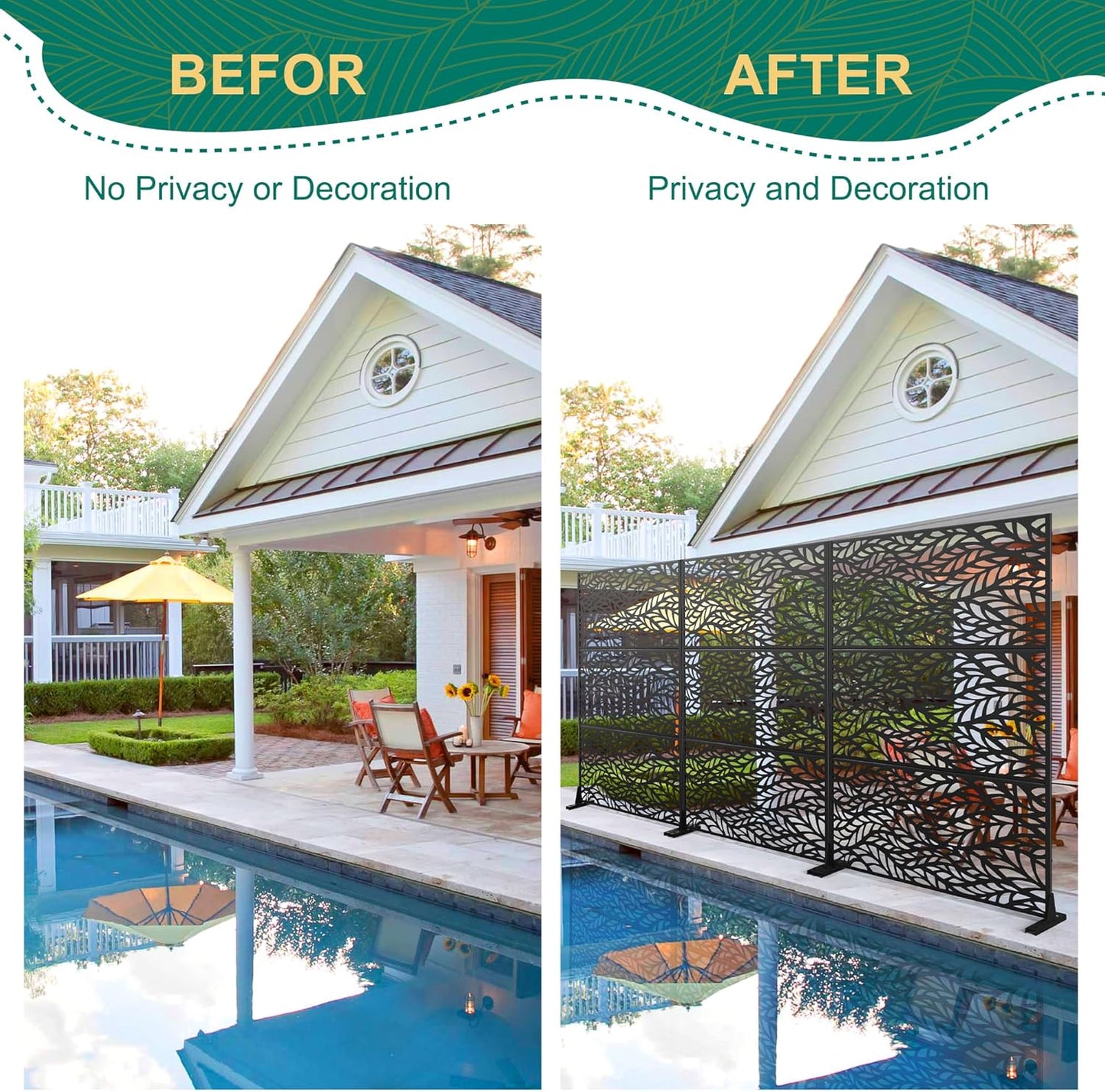 72" H47" W Metal Outdoor Privacy Screen - Freestanding, Decorative Fence (3 Panels)
