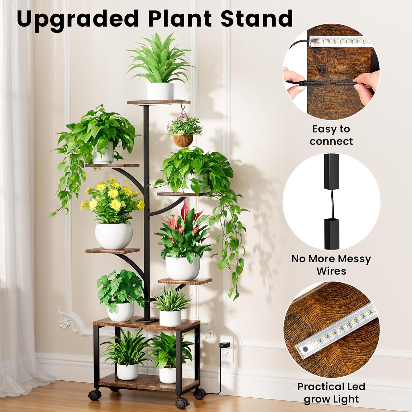 Plant Stand Indoor with Grow Lights & Wheels, 60" Tall 7-Tiered Mobile Corner Plant Shelf for Indoor Plants, Metal Tree-Shaped Plant Rack for Living Room, Patio, Balcony, Black