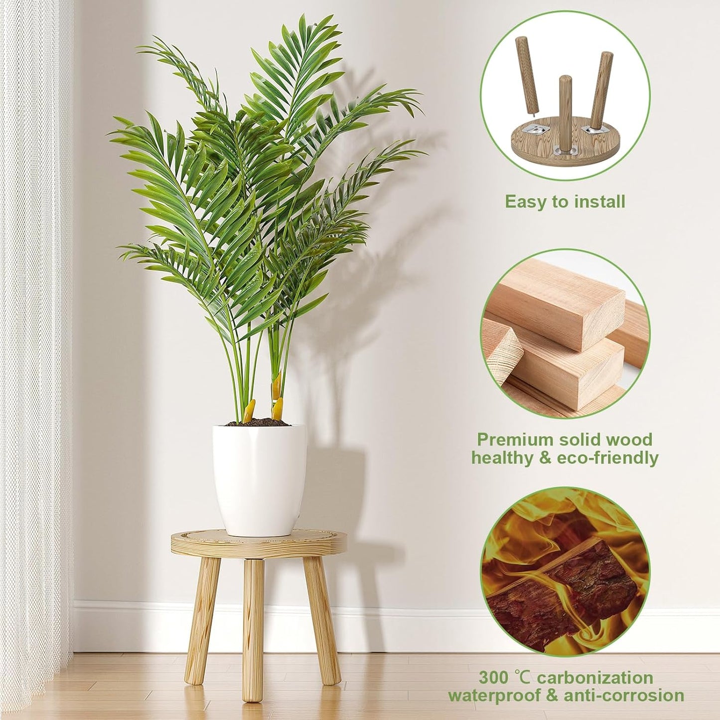 3-Pack Wood Plant Stands Indoor, Single Plant Stand for 6-12 Inch Pots, Mid-Century Modern Plant Stool, Tall Plant Stand for Large Plants for Living Room, Balcony, Office (Light Brown