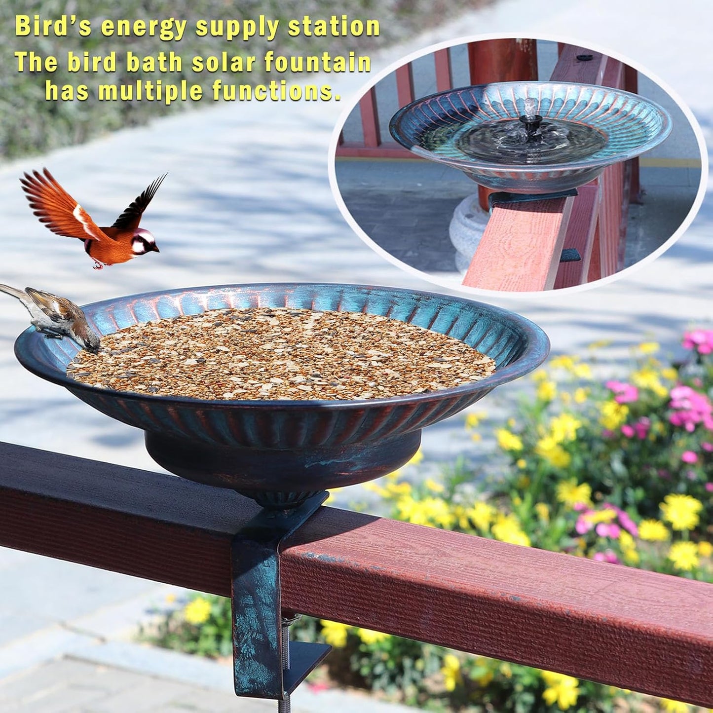 Solar Bird Bath,Deck Bird Bath with Solar Fountain,Metal Bird Bath Bubbler,Deck Mounted Bird Bath,Adjustable Sturdy Balcony Bird Bath,Patio Garden Decor