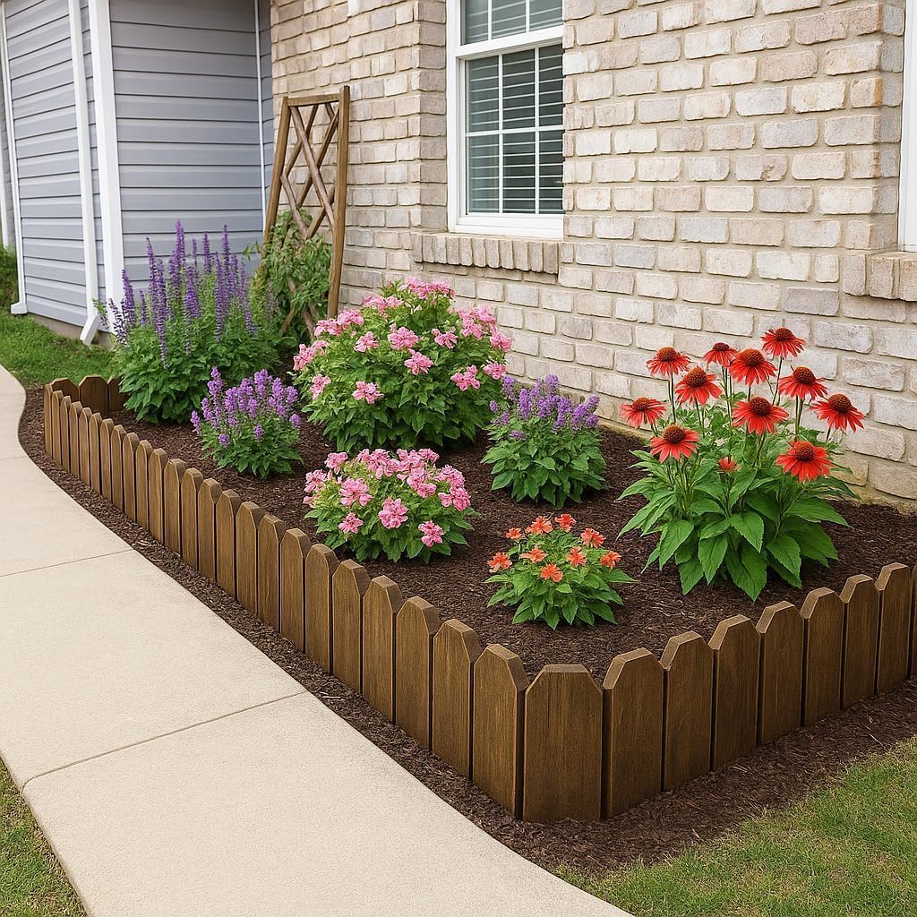 Wood Garden Edging, Wooden Fence Border Decorative Small Picket Panels for Flower Bed Barriers and Landscape Fencing (5.9" H x 47" L, 3 Pack)