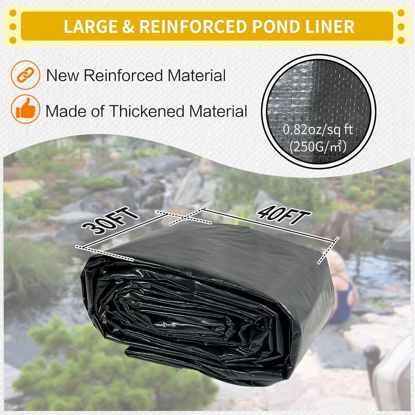 yeezoo 30X40FT Reinforced Large PE Pond Liner, KOI Pond Liners for Outdoor Ponds, Enhanced 5-Layer Structure Pond Liner for Fish, Duck, Garden Raised Bed and Waterscape Pond(0.82oz/sq ft Thickness)