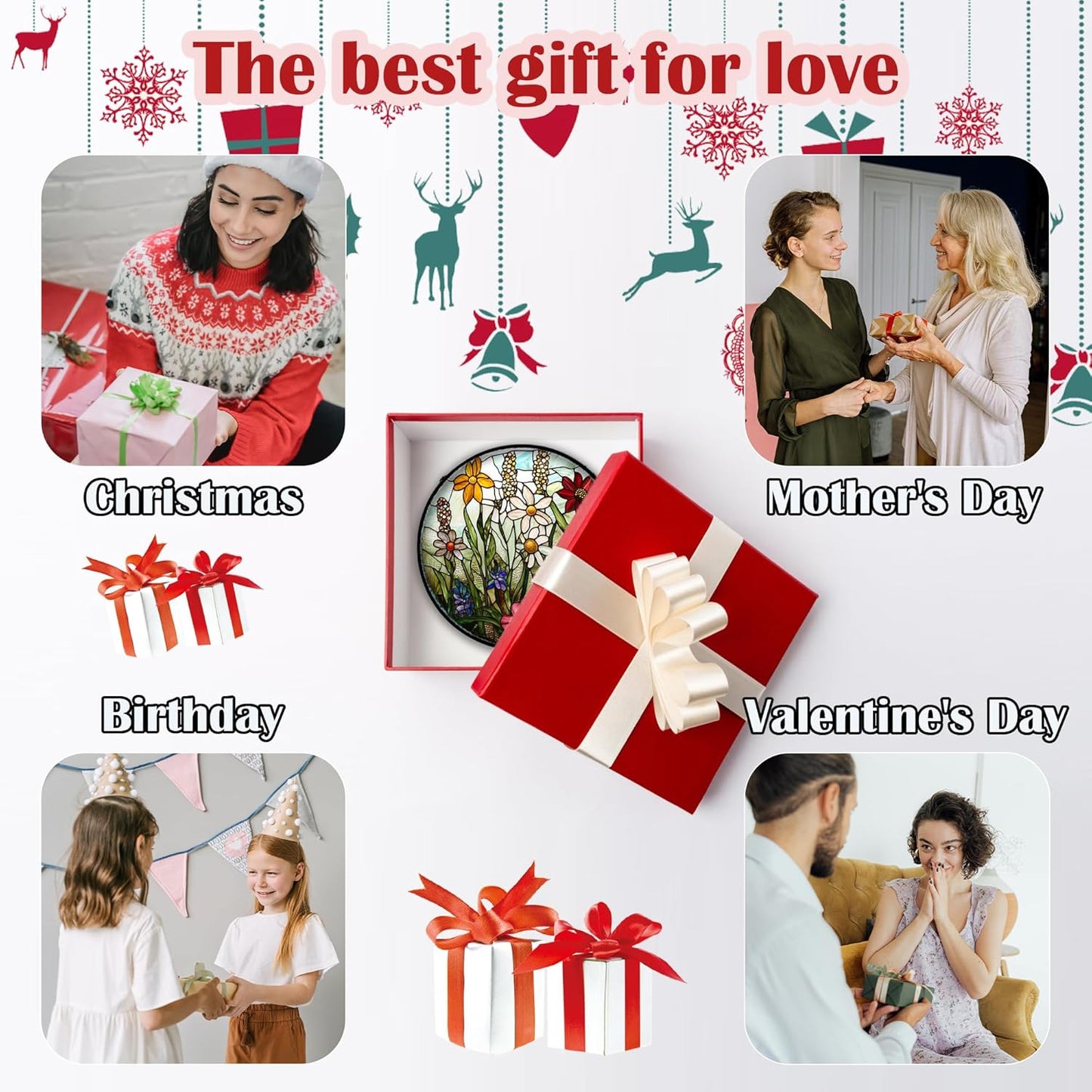 Stained Glass Window Hanging, Colorful Wildflowers Plant Scenery Suncatcher for Doors Window Home White Green Sun Catchers Decor Mother's Day Birthday Gifts for Women, Men Mom 7.8 in