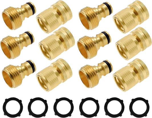 Hourleey Garden Hose Quick Connector, Solid Brass 3/4 Inch GHT Thread Garden Quick Connect Kit, Male and Female No-Leak Water Hose Fittings (6 Set)