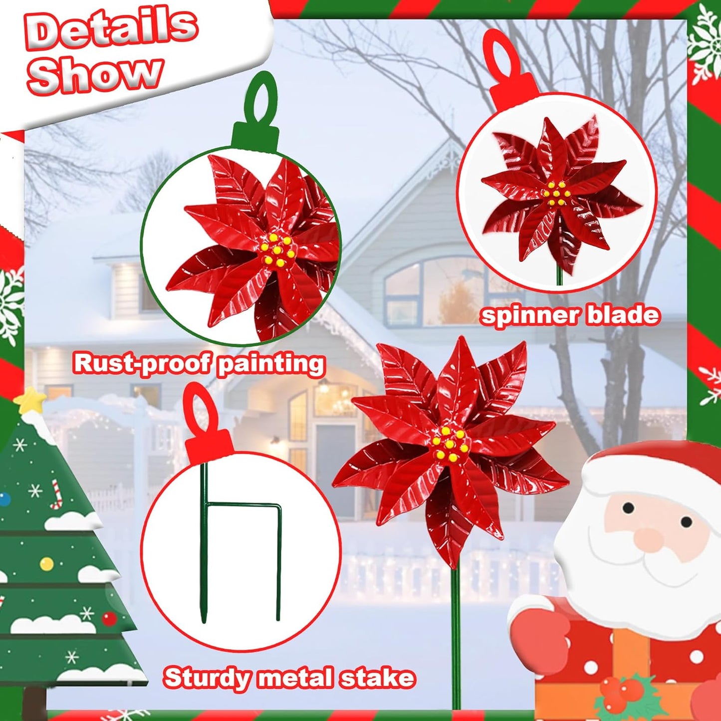 Metal Flower Wind Spinner Garden Lawn Stakes Yard Art, 27 Inch Poinsettia Windmill Iron Handicraft Lawn Decorations, 5 Pieces Christmas Star Stake Outside Garden Decorations for Metal Yard Art