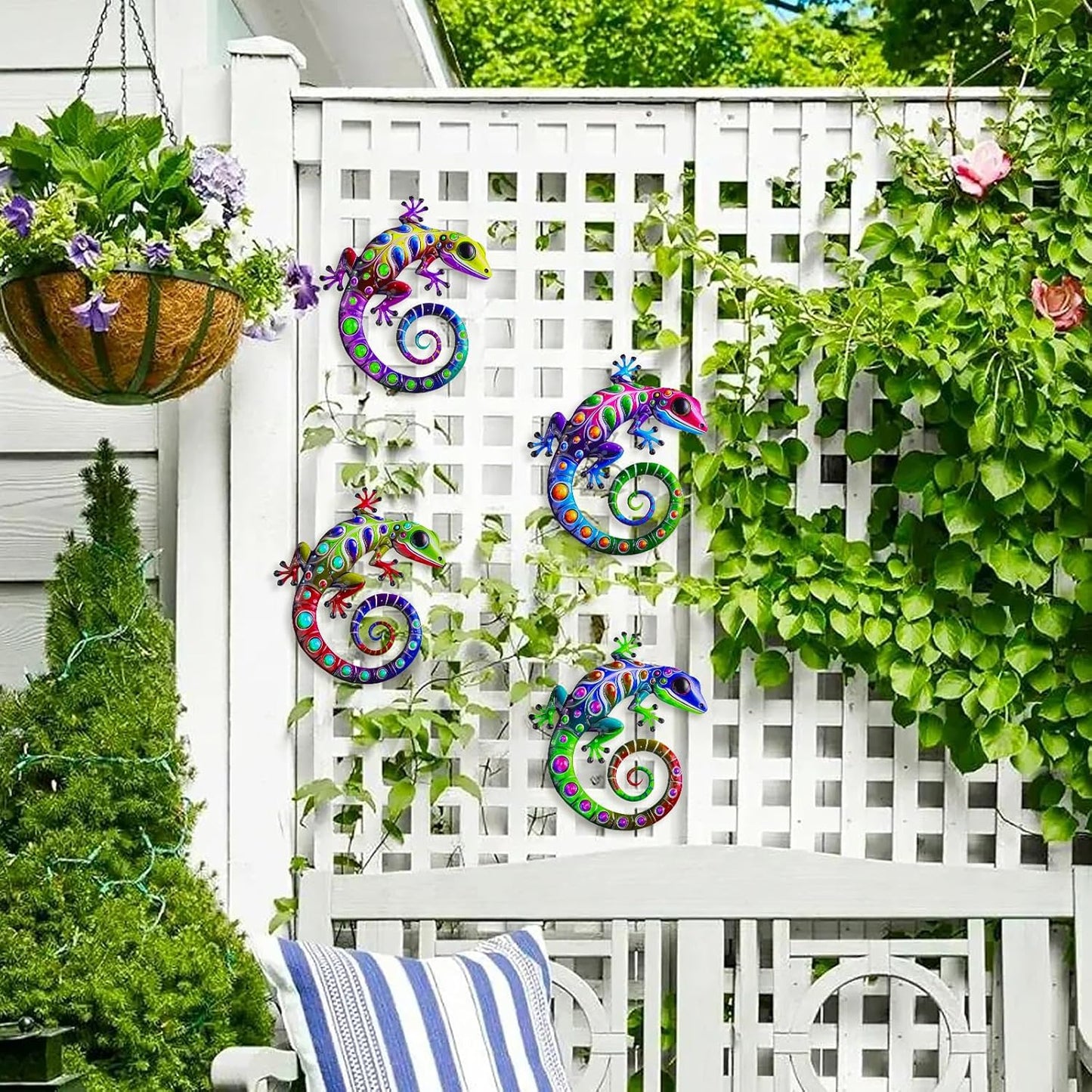 ULENDIS 4 Pack Metal Gecko Wall Decor, 7.8 Inch Lizard Outdoor Wall Art Fence Decorations for Patio and Yard, Colorful Hanging Decoration for Garden Living Room Bedroom Patio Balcony
