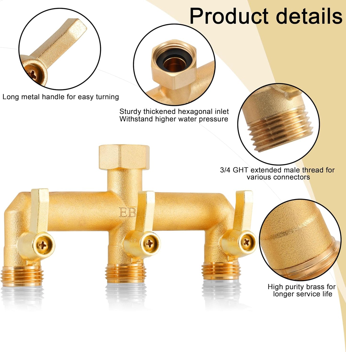 EBH Brass GardenHose Splitter, 3 Way Outdoor Faucet Splitter, 3 Long Metal Handle and Individual On/Off Valve, GHT 3/4-Inch Heavy Duty Hex Female Inlet and 3/4-Inch Male Outlet