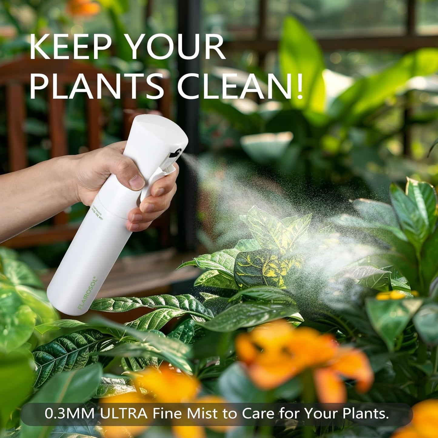 FLAIROSOL - The Original, Plant Mister Spray Bottle for Indoor and Gardens, Continuous Water Mist Sprayer for Plants, Flowers, Cleaning,10.1oz (White Bottle - Green Print)