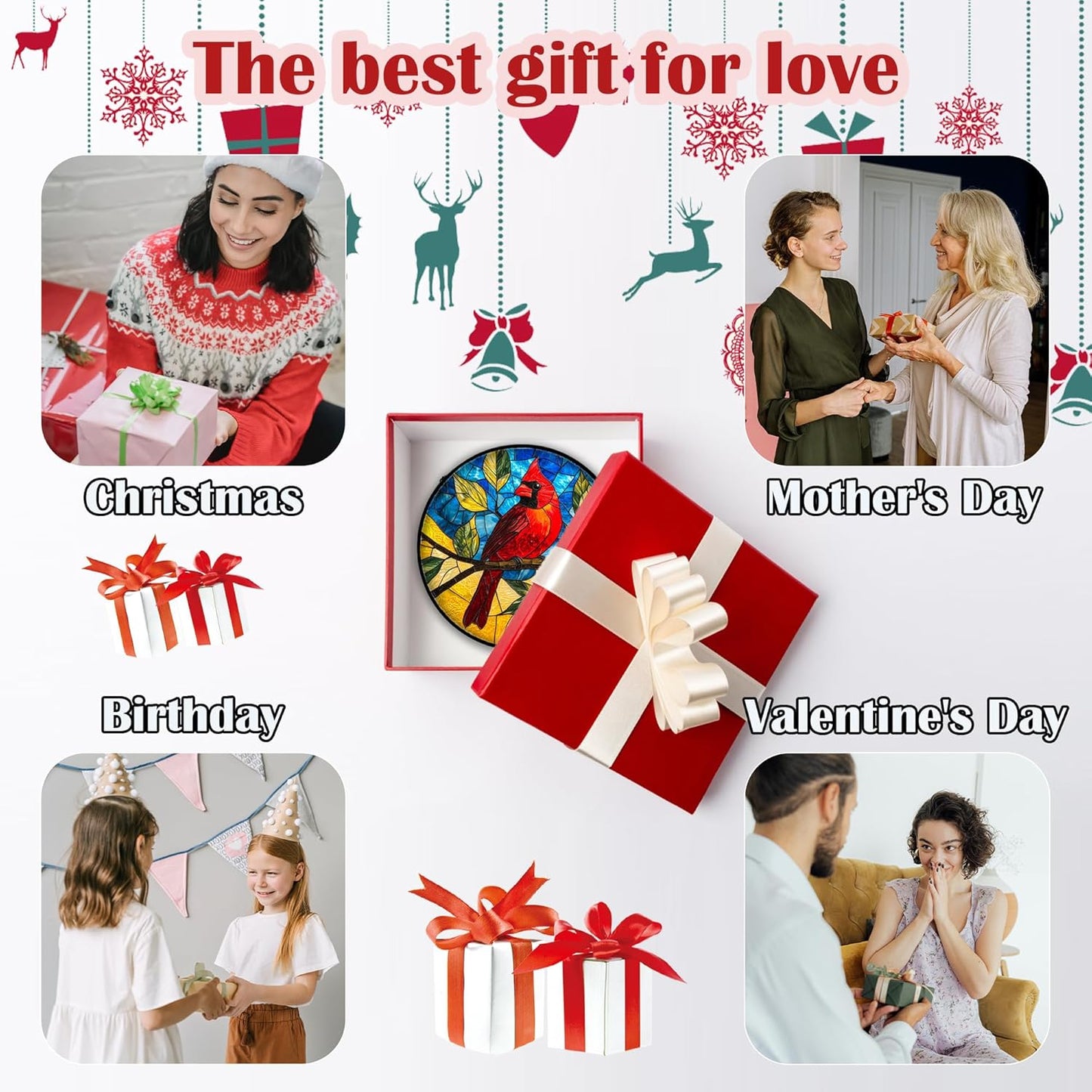 Stained Glass Window Hanging, Blue Sky Cardinal Sun Catchers Colorful Glass Panel Red Birds Suncatcher Decor for Birthday for Women, Men, Wife, Aunt, and Mom 6.3 in