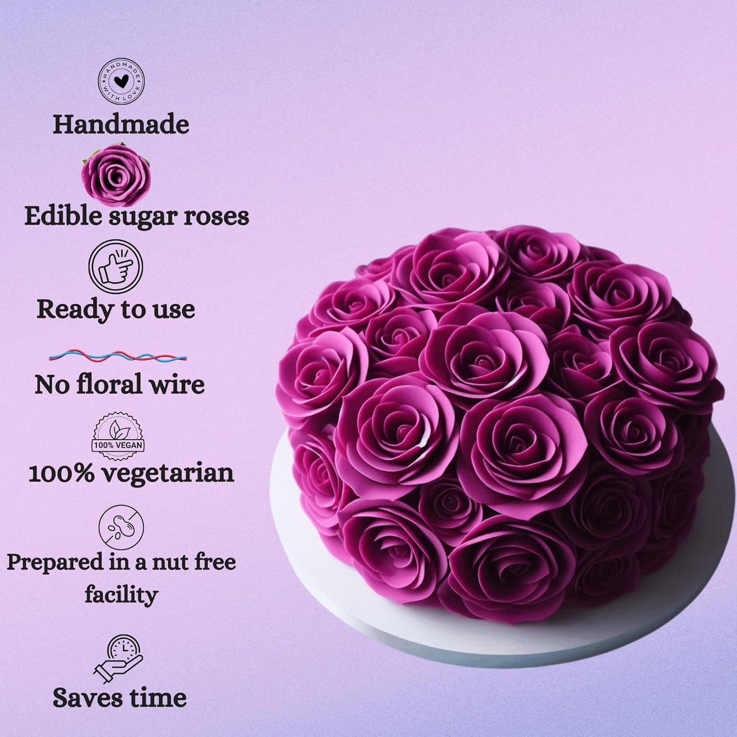 Confect Edible Rose Cake Toppers For Cupcakes & Doughnut Edible Toppers Roses for Cake Decorations - Fuchsia Pink | Vegan, Gluten-Free, Soy-Free, Dairy-Free, Palm Oil-Free -Pack of 12