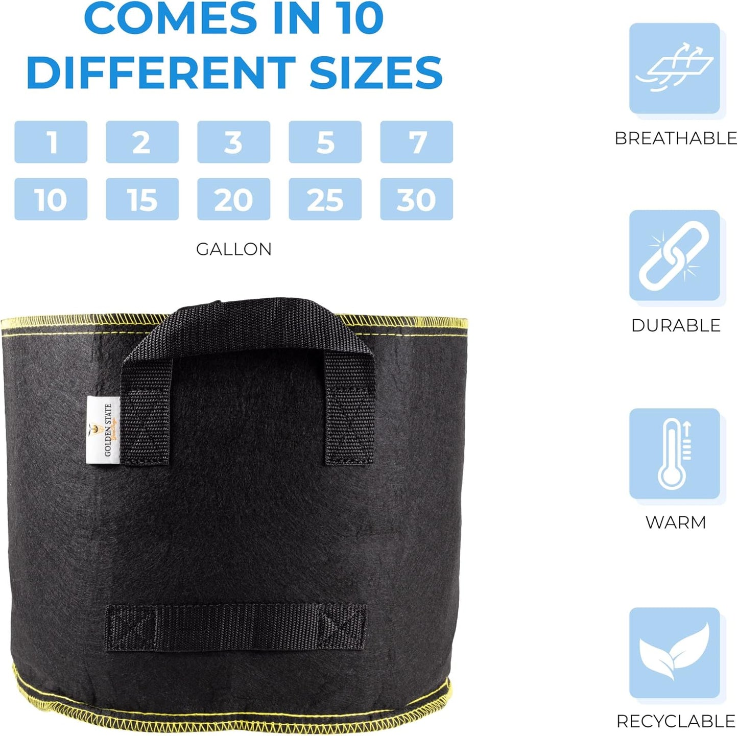 Grow Bags: 5-Pack (Size: 15 Gallon): 300gsm Black Felt Fabric w/Yellow Stitch, Biodegradable and eco-Friendly Material. (Handles + Dumping Handles-pat.Pend).