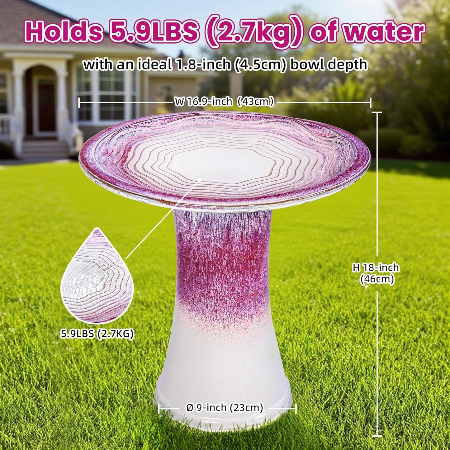 Ceramic Bird Bath for Outdoors – 18" H Birdbath Tool-Free Assembly, Hand-Glazed Earthenware with Non-Slip Bowl, Weather-Proof Sturdy Pedestal Design, Garden Decor(Red)