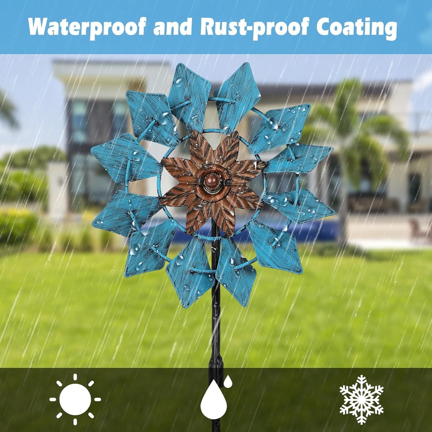 3 Pack Wind Spinners with Metal Stake, 16.3 Inches Yard Garden Sculptures for Outdoor Spring Decoration Lawn Patio Wind Catcher Windmill (Blue Flower)