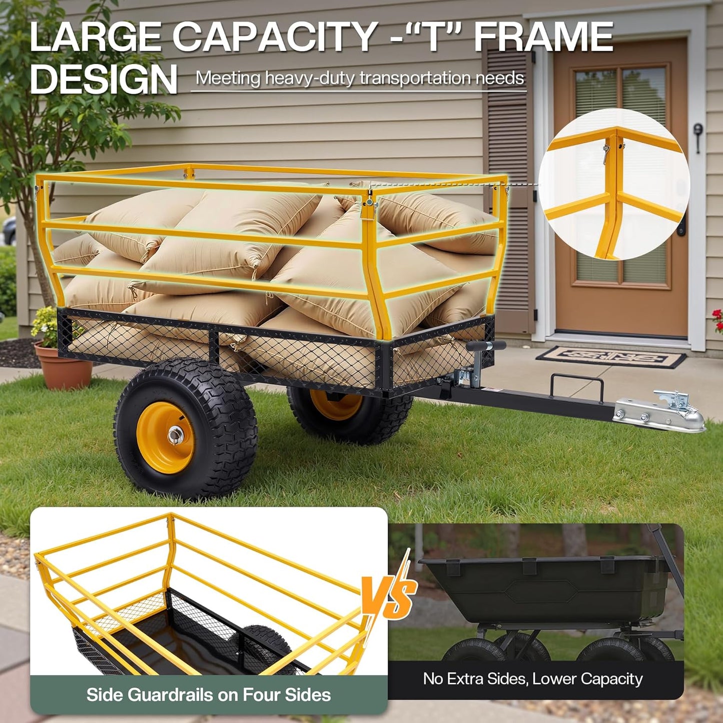 Jocisland Heavy Duty Garden Utility Trailer, 1800 Lbs 25 Cu.Ft Tow Behind Dump Cart with Ball Hitch and T-Shaped Steel Bed, Lawn Mower Tractor Cart for Yard, Farm