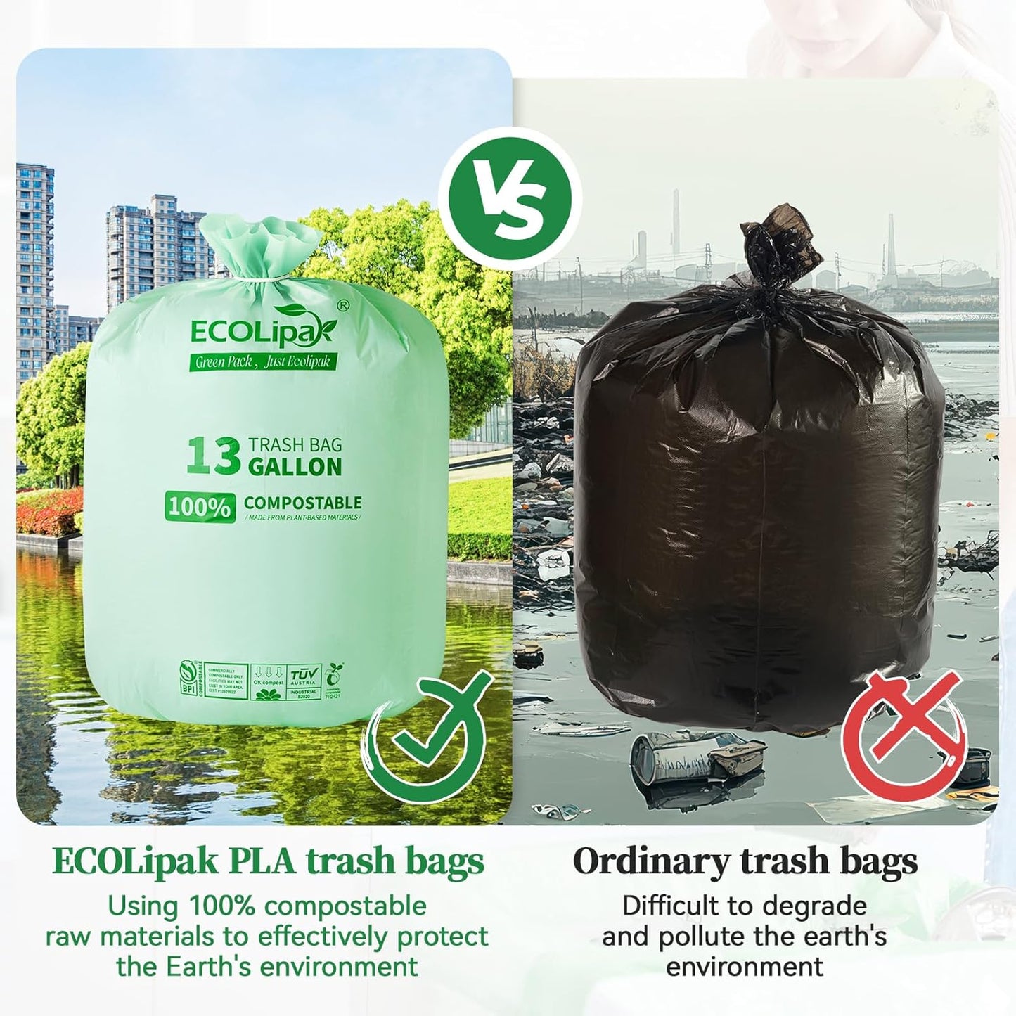 ECOLipak 13 Gallon Compostable Trash Garbage Bags, 50 Count (1 Roll) Biodegradable Heavy Duty Bathroom Kitchen Trash Bags for Home/Office, US BPI ASTM D6400 and OK Compost Home Certified