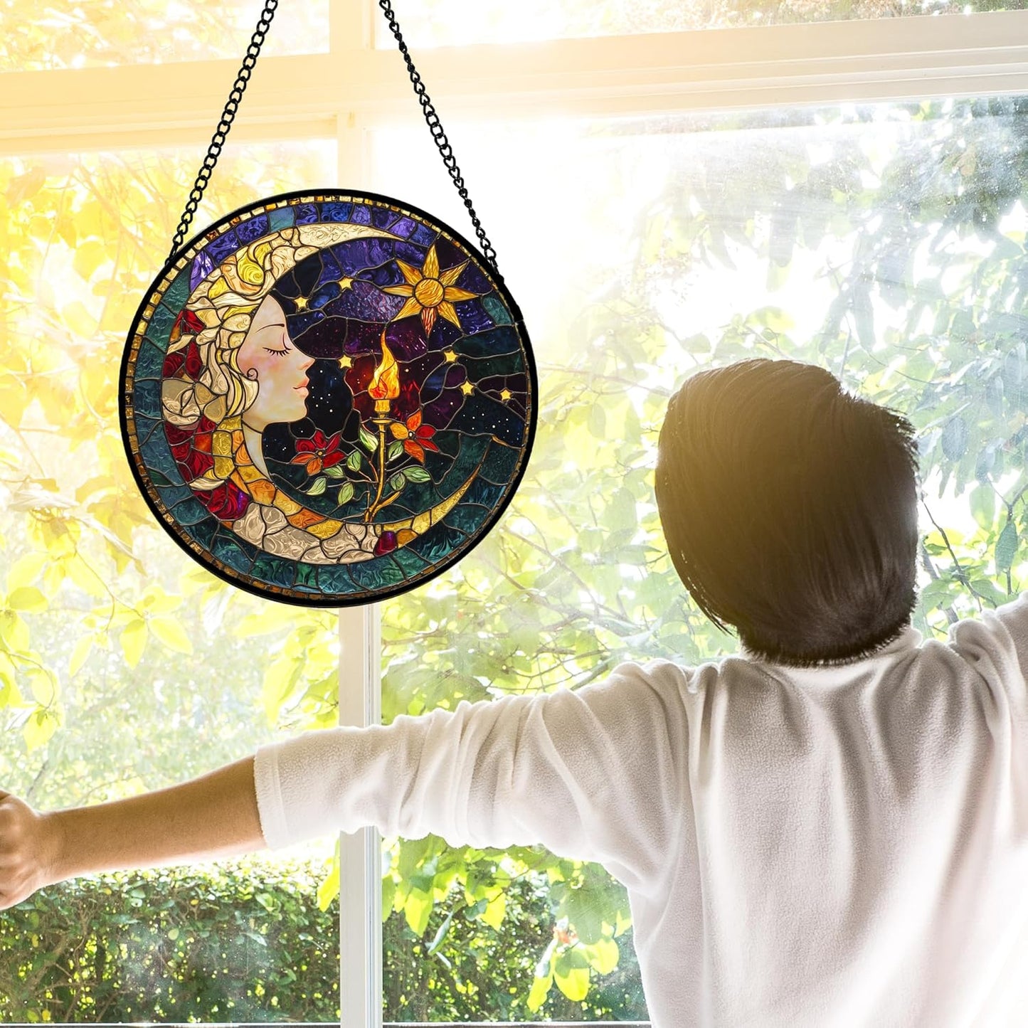 Stained Glass Window Hanging, Moon Goddess Torch Suncatcher Diamond Glass Panel Hangings Dream Sun Catchers Decor for Birthday for Women, Men, Wife, Aunt, and Mom 9.8 in