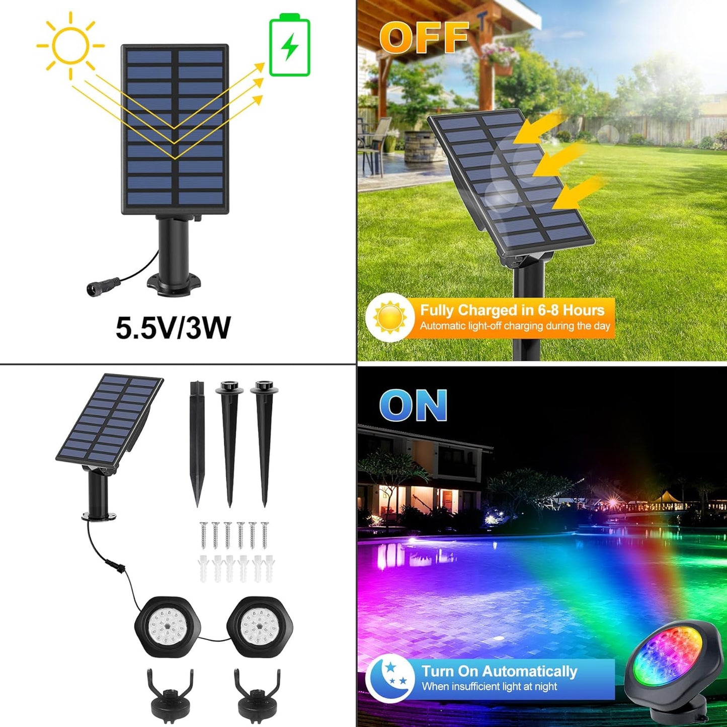 Solar Pond Lights, 18 LED Super Bright RGB LED Underwater Spotlights Color Changing Submersible Pond Light IP68 Waterproof Fountain Lights for Fish Aquarium Tank Garden Yard Pool (2-in-1)