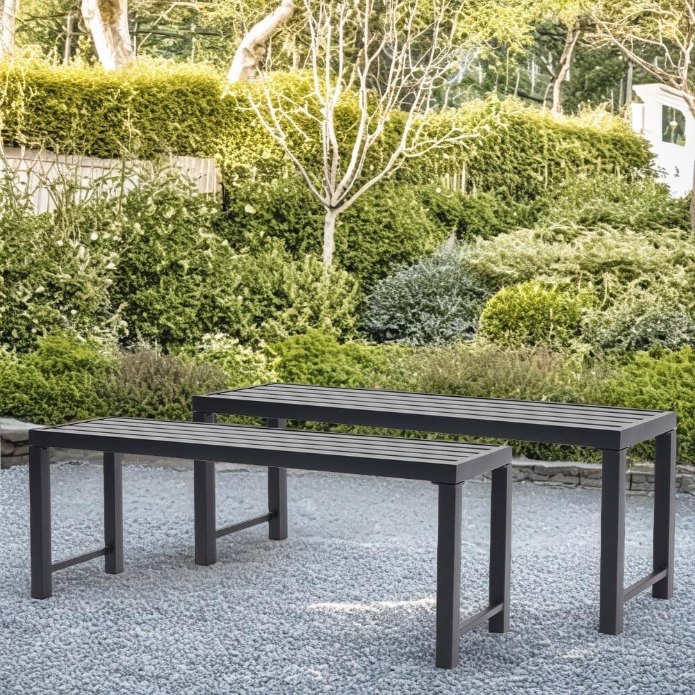 46" Outdoor Metal Backless Bench Set of 2, All-Weather Patio Garden Bench for Backyard, Porch, or Lawn, Durable Steel Bench for Outdoor Spaces, Black