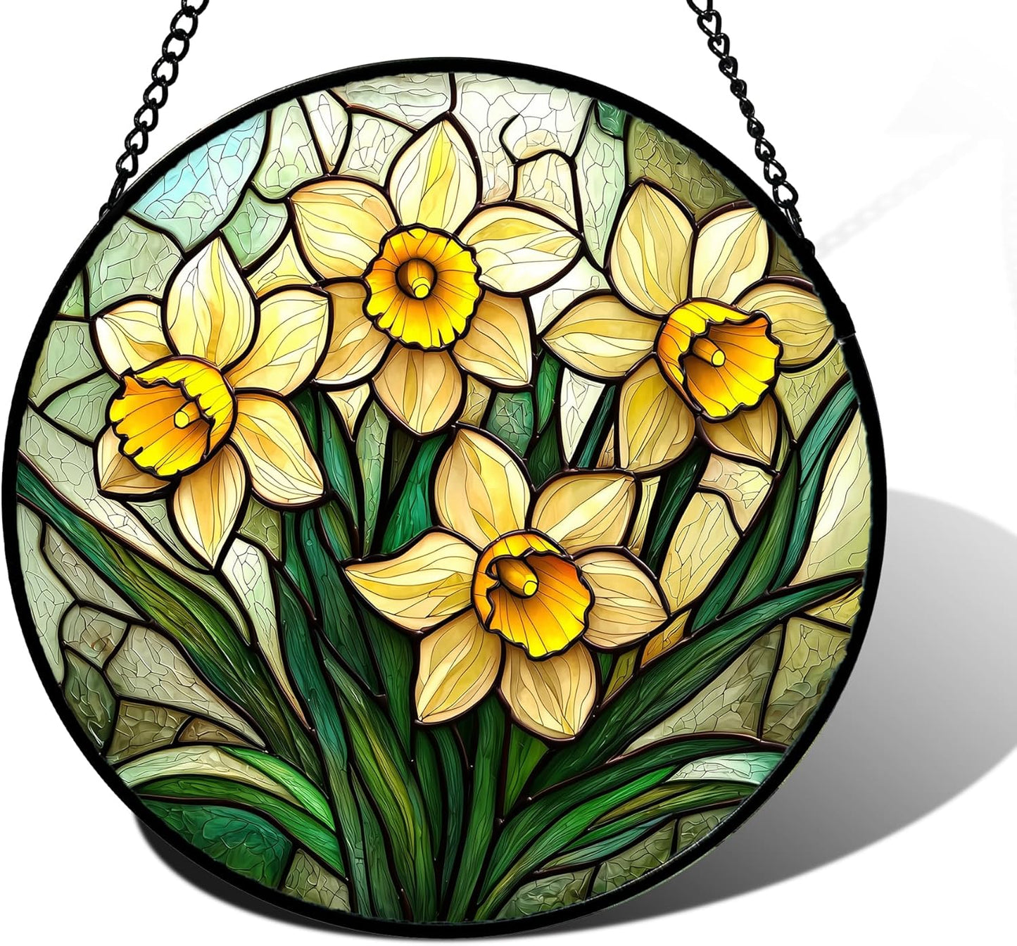 Stained Glass Window Hanging, Daffodil Plant Flowers Sun Catchers Diamond Glass Panel Hangings Suncatcher Decor for Birthday for Women, Men, Wife, Aunt,and Mom 9.8X9.8IN
