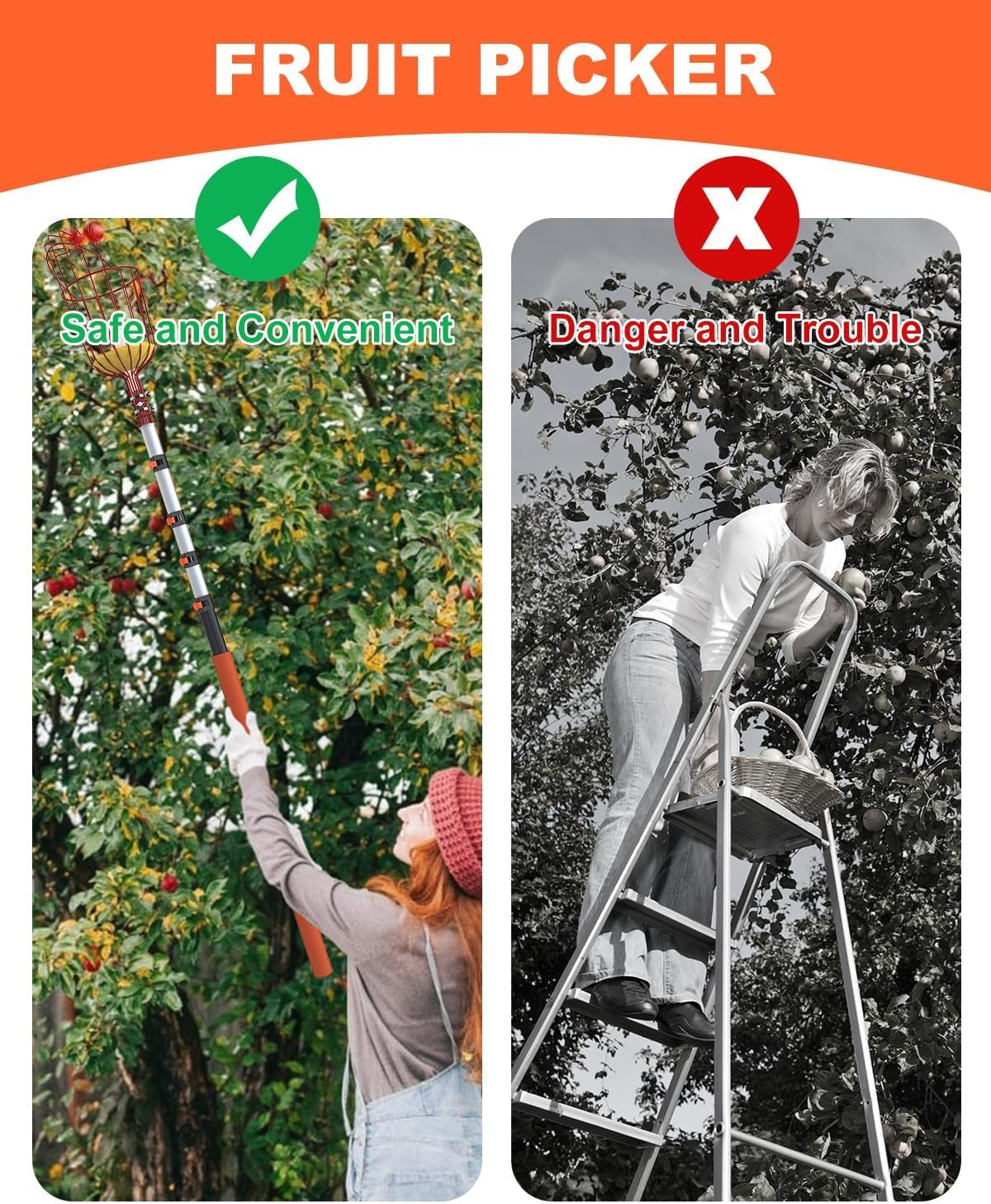 Buyplus 26ft High Reach Fruit Picker with Basket Telescoping, 5-20 Foot Heavy Duty Sturdy Aluminium Telescoping Extension Pole, Easy to Attach Twist-On Metal Basket for Picking Mango Avocado Lemon