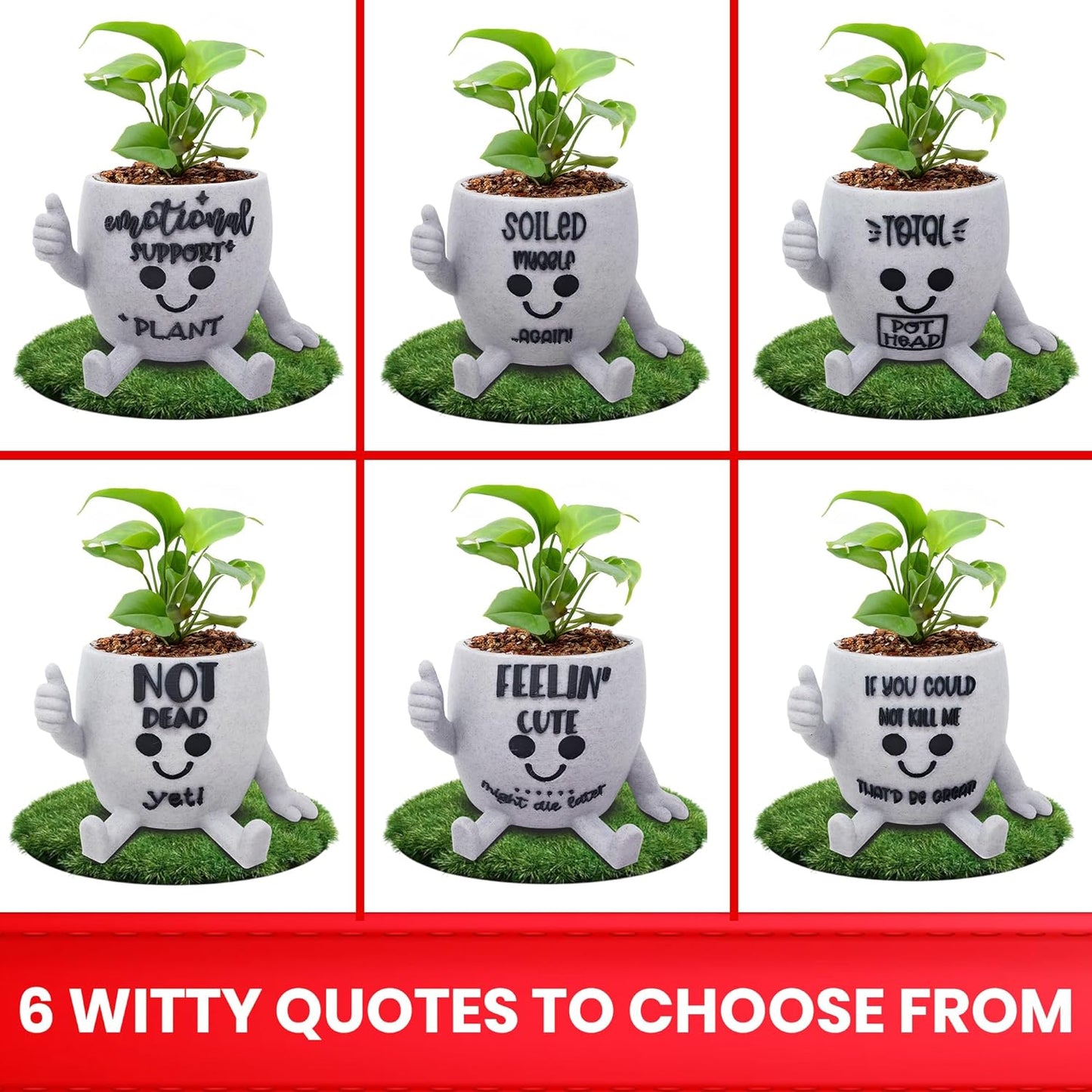 Funny Face Indoor Head Planter Pot, 3D Printed, Unique Small Succulent Flower Pot, Cute Cactus Planter, Indoor Home Decor, Office Desk Plant Pot, Novelty Gardening Gift Set