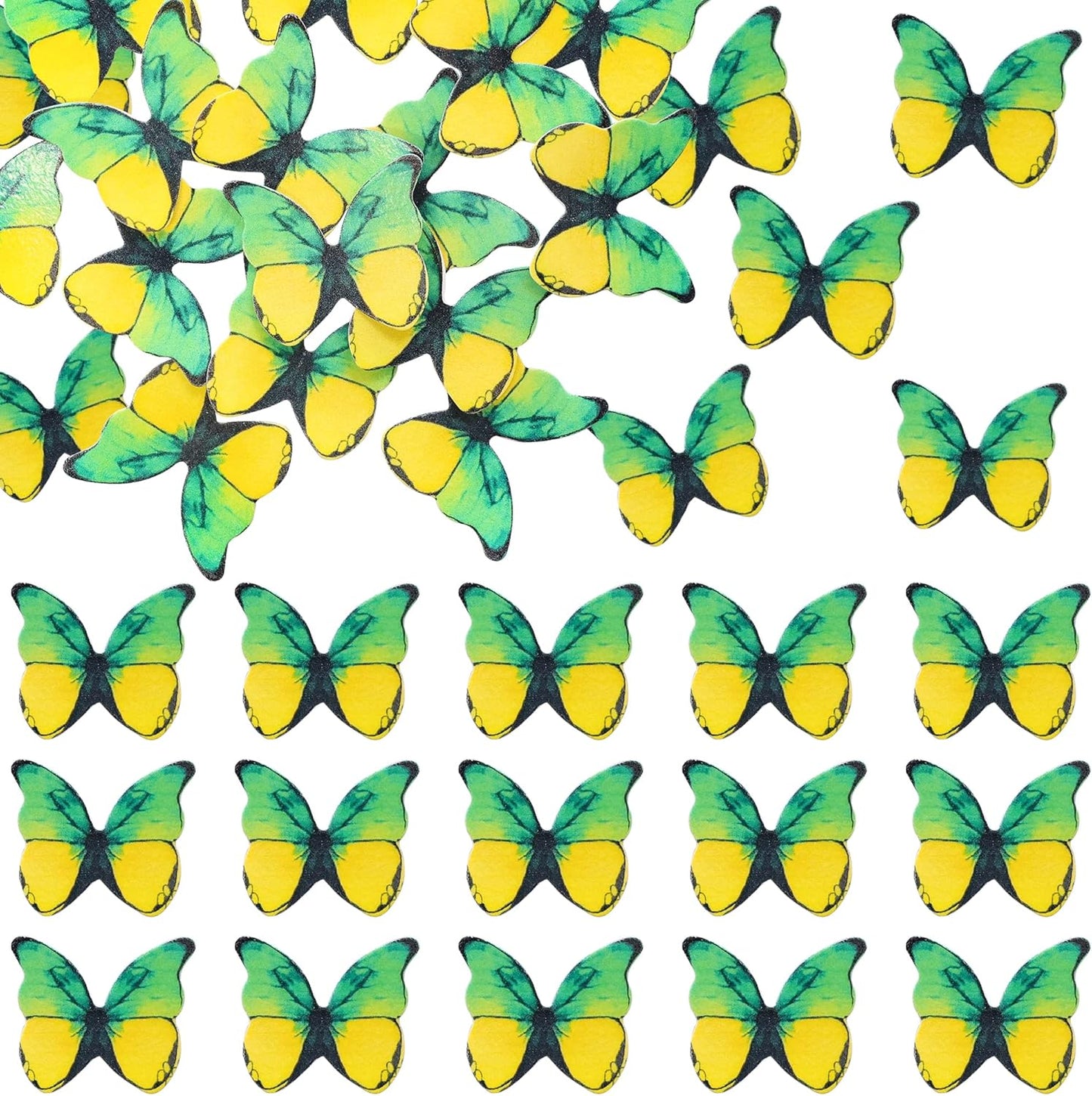 Ephlyn 48Pcs Edible 3D Cute Butterfly Cupcake Toppers for Baby Shower, Bridal Shower, Boys Girls Birthday Party Cake Decorations Supplies - Yellow, Green