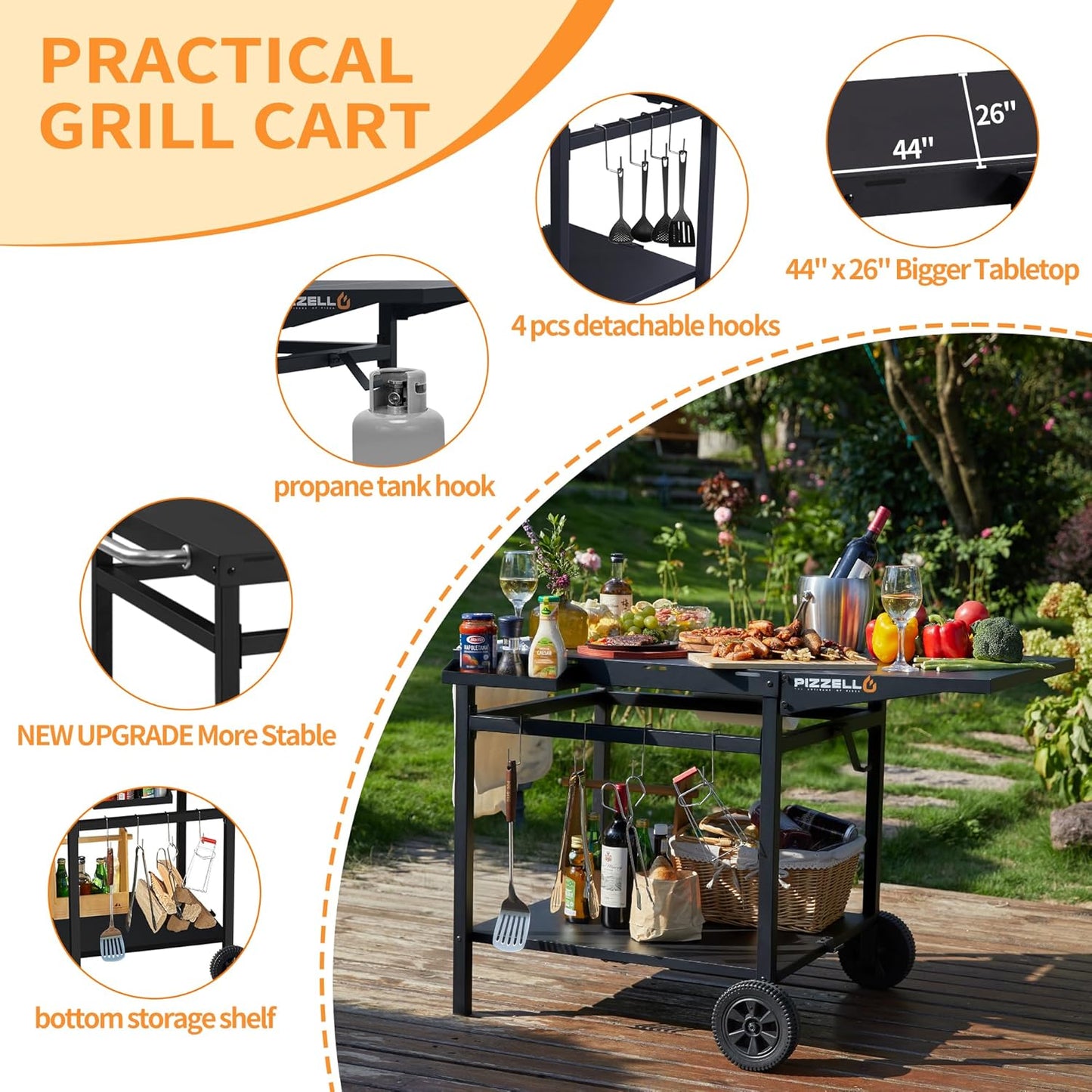 Outdoor Grill Table 44" x 26" Movable Pizza Oven Stand Foldable Double-Shelf Grill Cart Fit for 12/16inch Oven Ooni Ninja Woodfire Blackstone