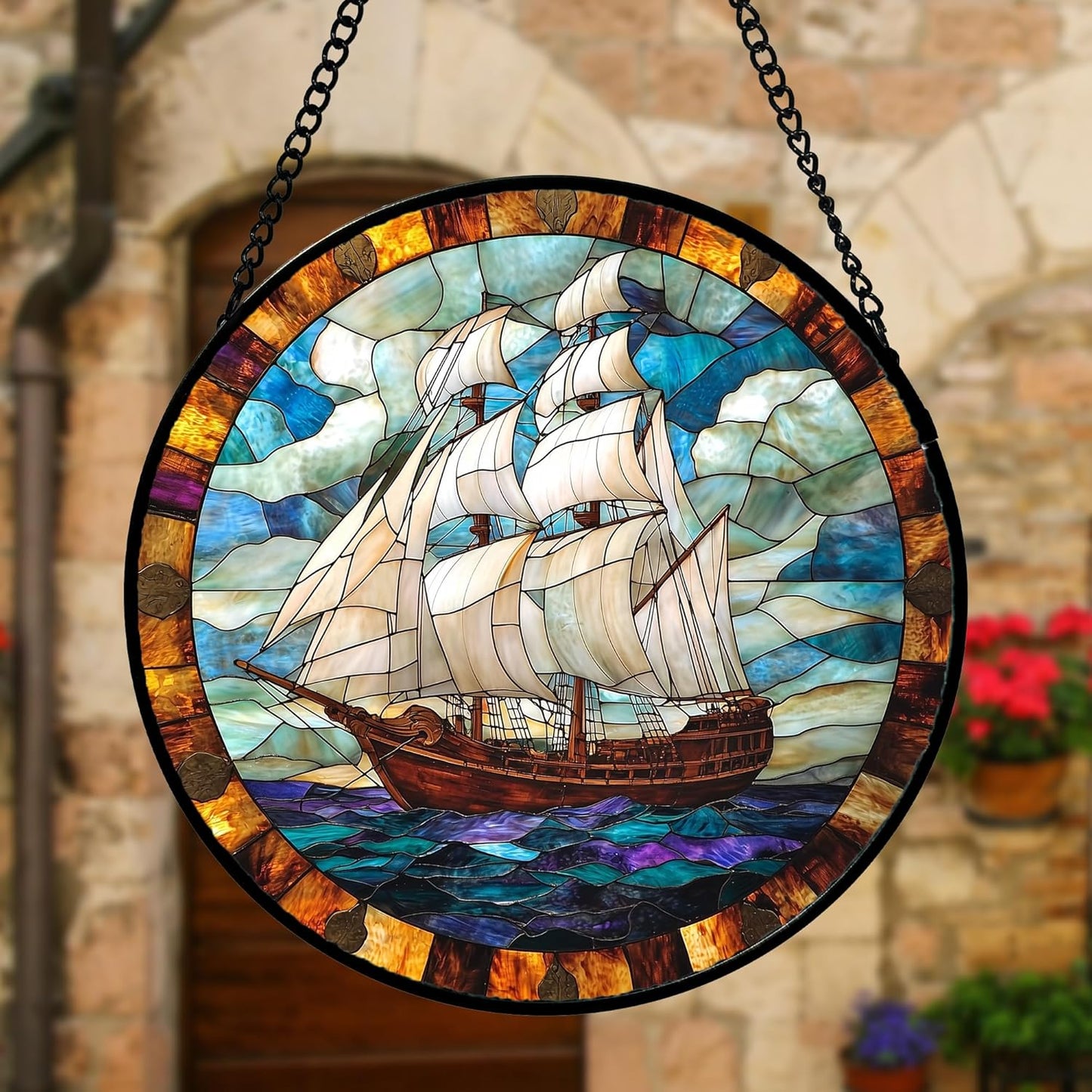 Stained Glass Window Hanging, Sailing Ocean Sun Catchers Glass Panel Navigation Suncatcher Decor for Birthday for Women, Men, Wife, Aunt, and Mom 9.8 in