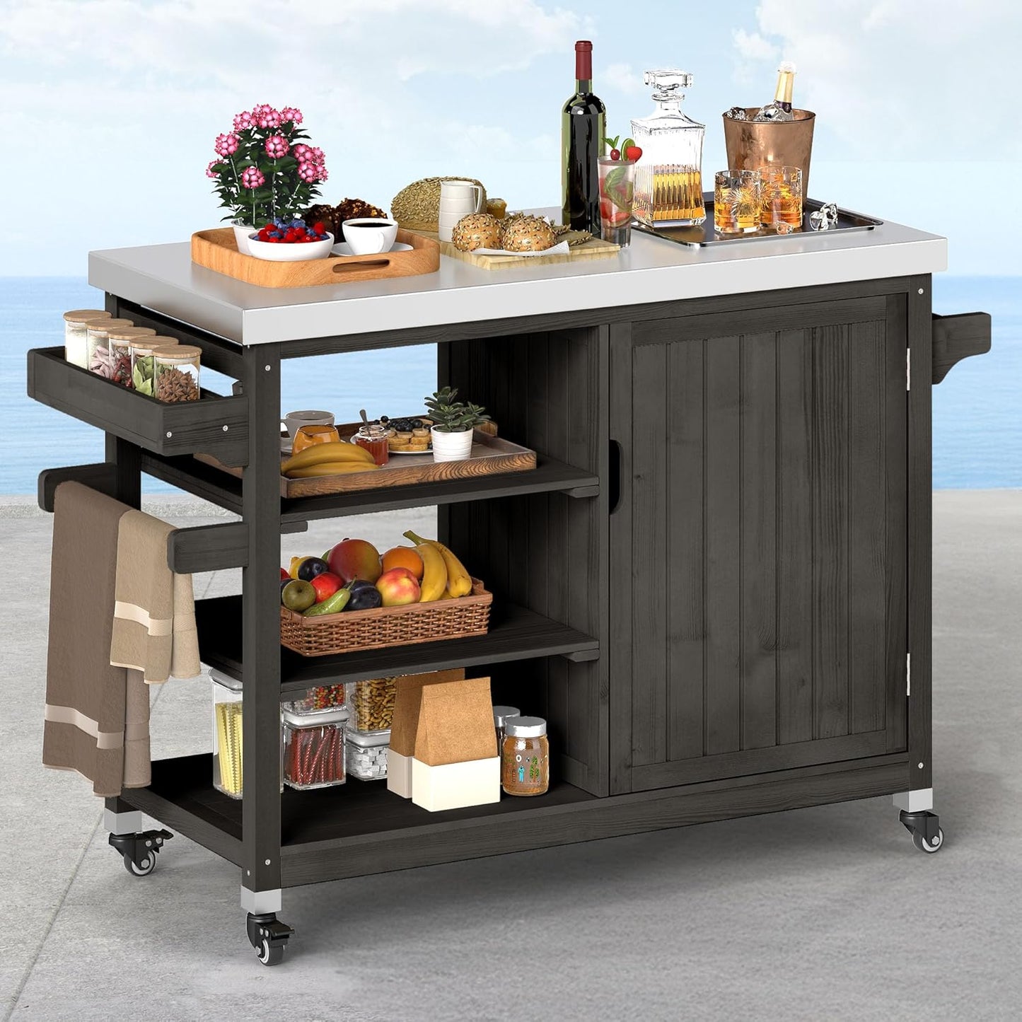 DWVO XL Outdoor Grill Table, Solid Wood Storage Table with Stainless Steel Top, Outdoor Kitchen Cart with Storage Cabinet for Patio, Kitchen Prep, Grilling Accessories, Brown