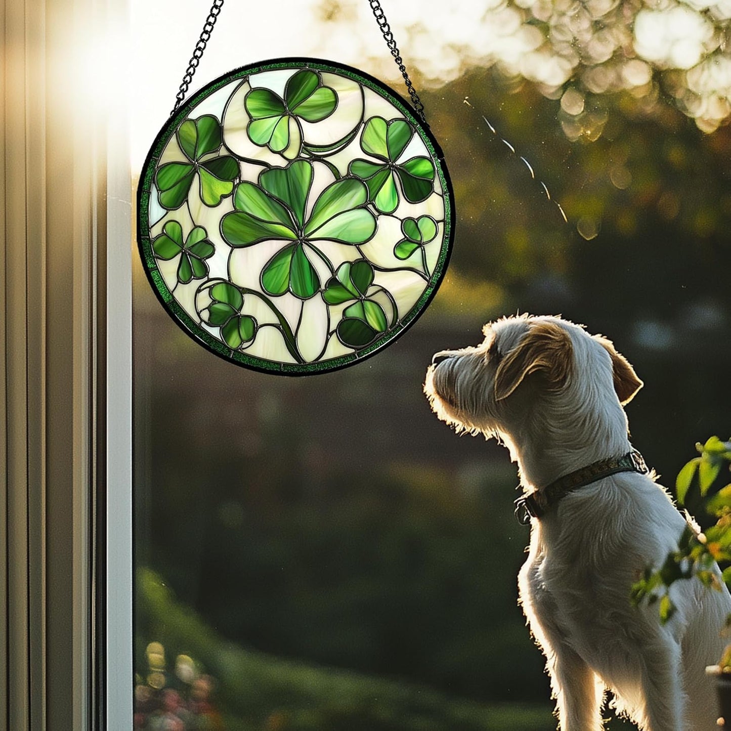 Stained Glass Window Hanging - Green Clover Flowers Suncatcher for Doors Garden St. Patrick's Day Plant Floral Sun Catchers Decor Mother's Day Birthday Gifts for Women Men Mom Nana 9.8 in