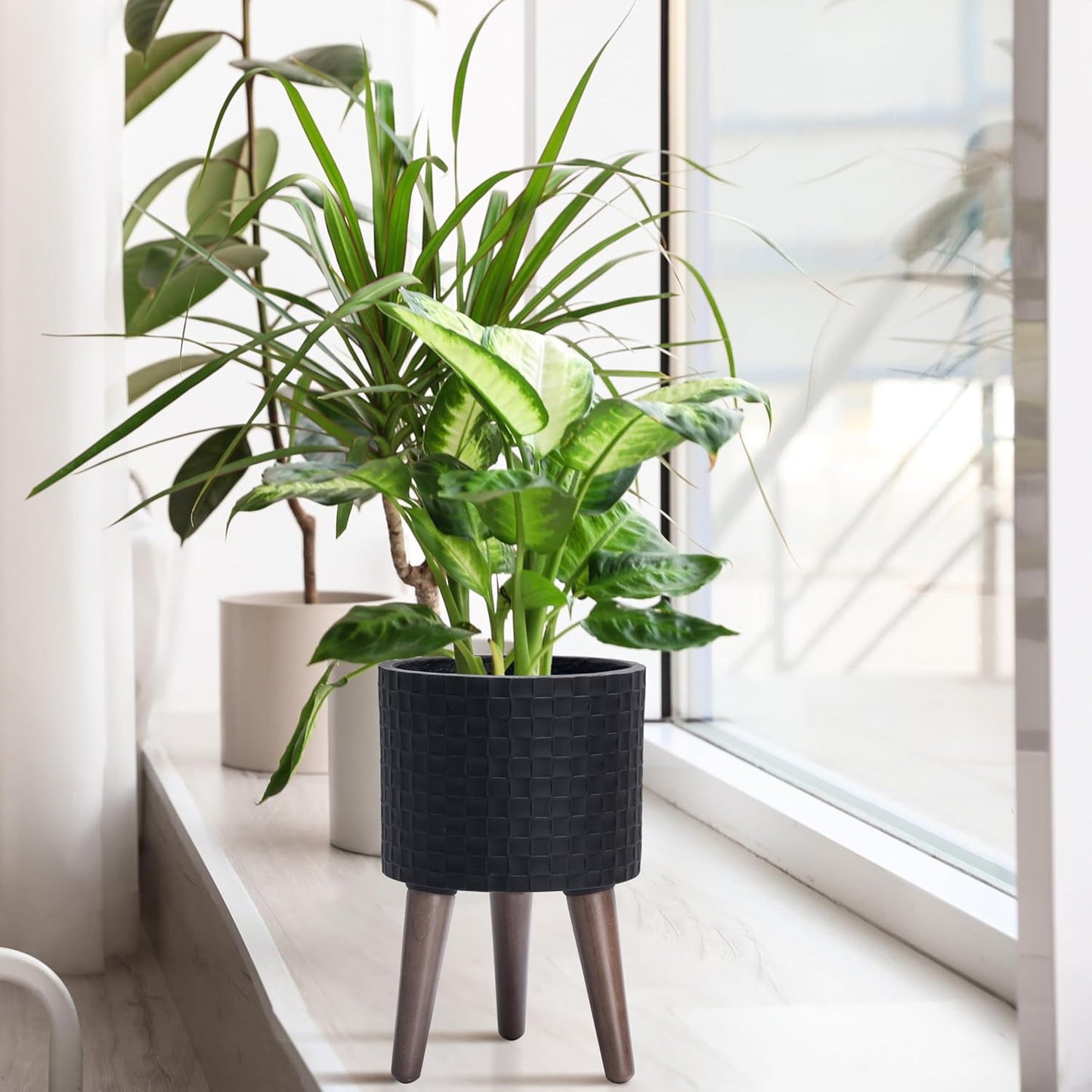 D'vine Dev 8 Inch Modern Geometric Tile Patterned Sleek Planter Pot with Stand, Indoor Outdoor Decorative Plant Holder, Matte Black, 88-Z-A-2