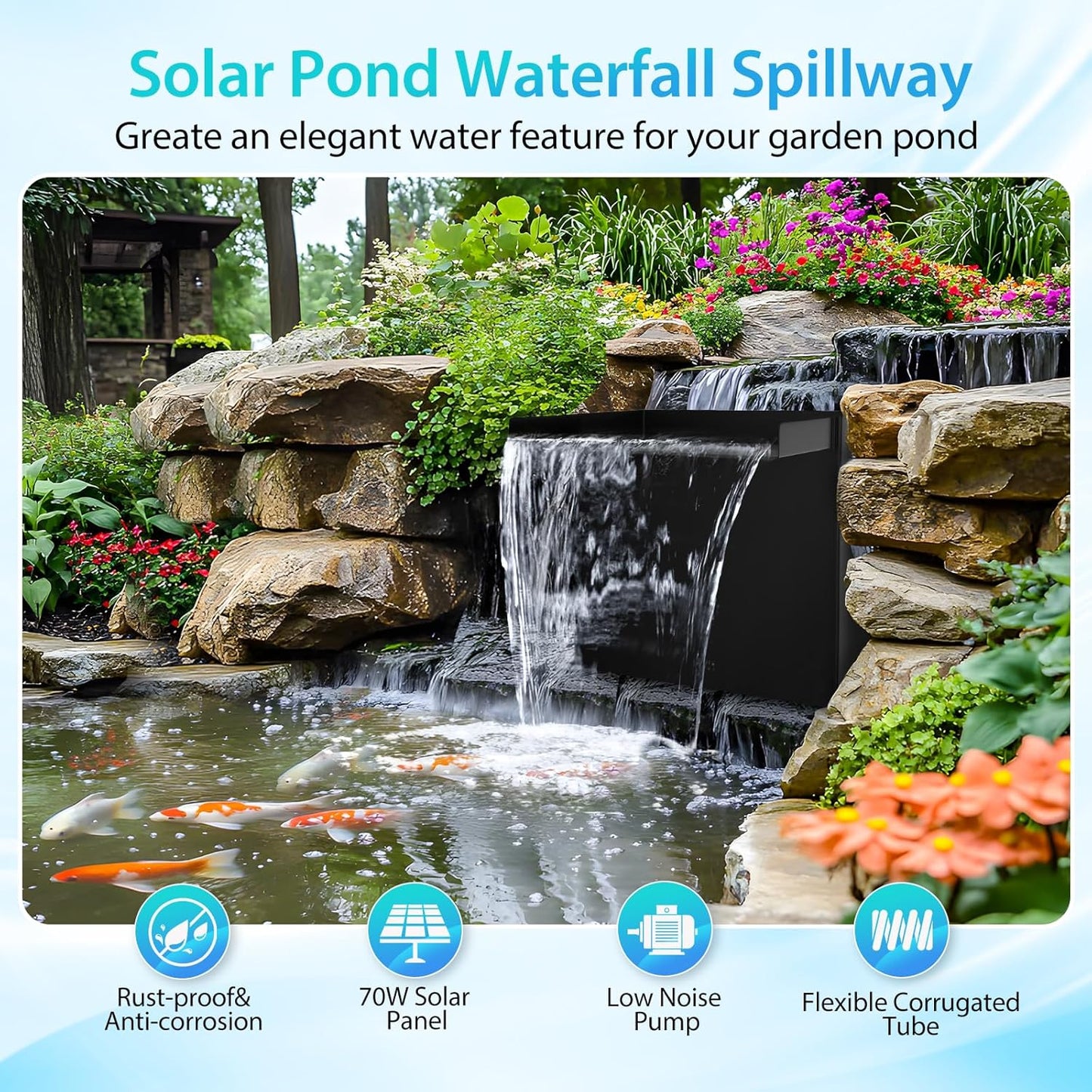 POPOSOAP 70W Solar Pond Waterfall Spillway Kit, 304 Stainless Steel Pondless Waterfall Box with 10FT Corrugated Tubing, 4 Pcs Filter Brushes, 580GPH Solar Powered Water Pump for Garden Ponds