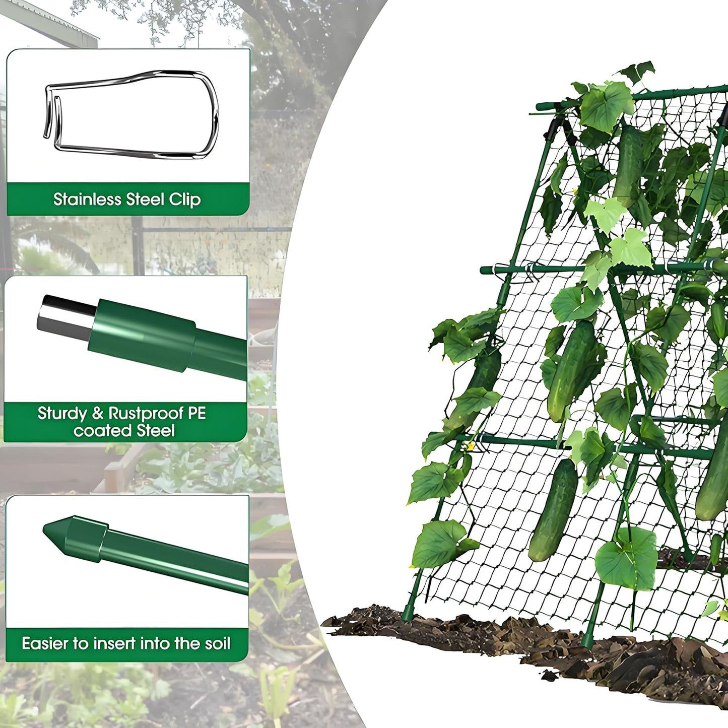Cucumber Trellis, 4ft x 4ft Green Metal A-Frame Garden Trellis for Climbing Plants – Support for Cucumbers, Tomatoes, Peas, Beans, and Vines, Includes Netting, Fits Raised Beds