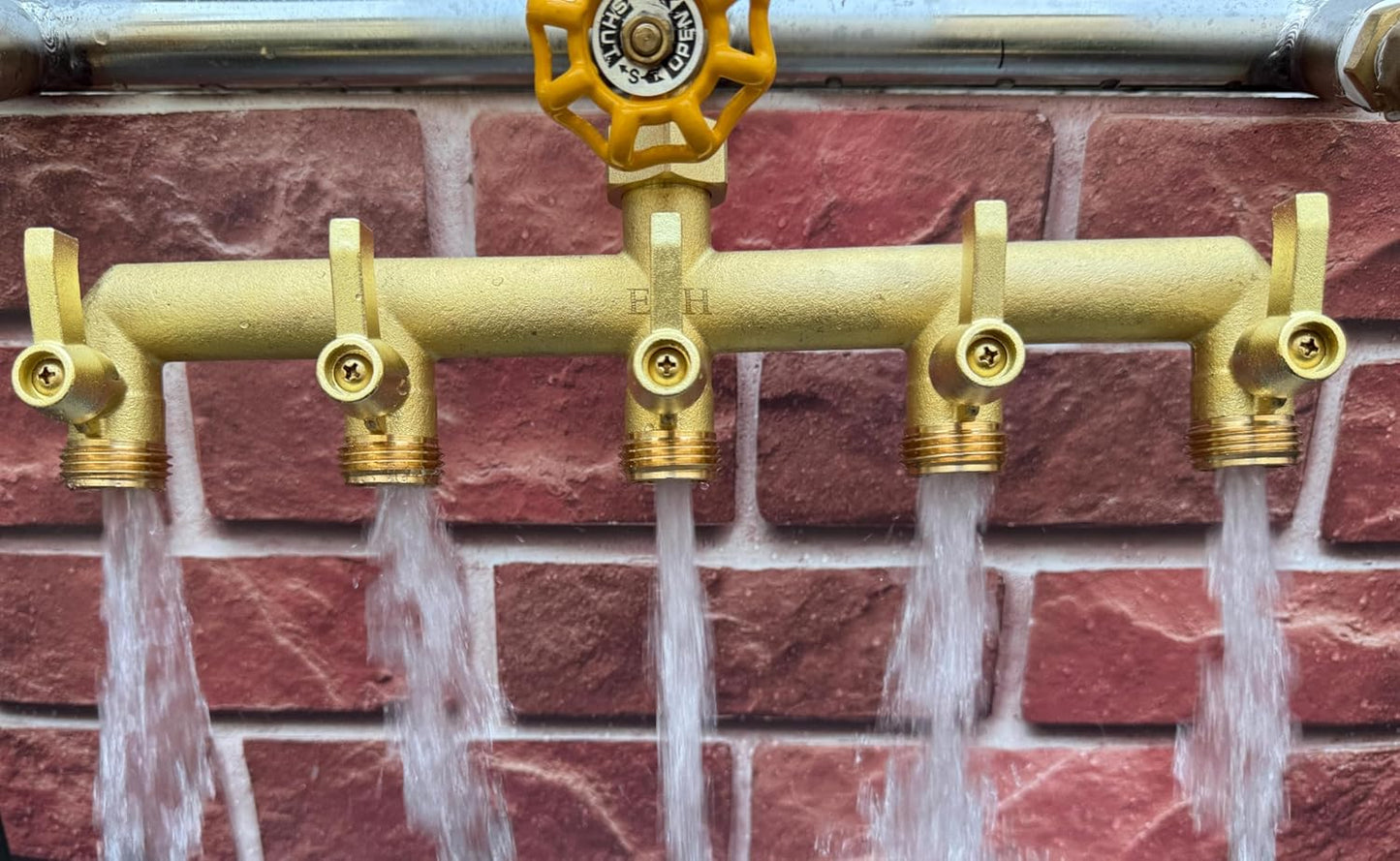 EBH Brass Garden Hose Splitter, 5 Way Outdoor Frostproof Tap Hose Splitter with 5 Individual On/Off Valve and Extended Handle, GHT 3/4-Inch Heavy Duty Hex Female Inlet and 3/4-Inch Male Outlet