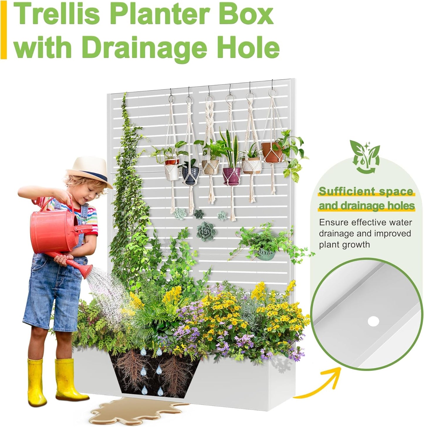 FENCY Metal Raised Garden Bed with Trellis, Metal Planter Box with Trellis, Garden Box for Climbing Plants Vegetable, 47" Lx16 Wx71 H Garden Bed with Drainage Holes(White-Louvered)