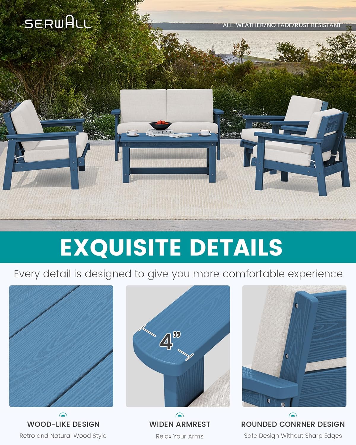 SERWALL HDPE Patio Furniture Set, 5 Piece All Weather Wood-Like Sectional Outdoor Furniture Set, Blue Patio Sofa Couch with Khaki Cushions for Deck, Lawn