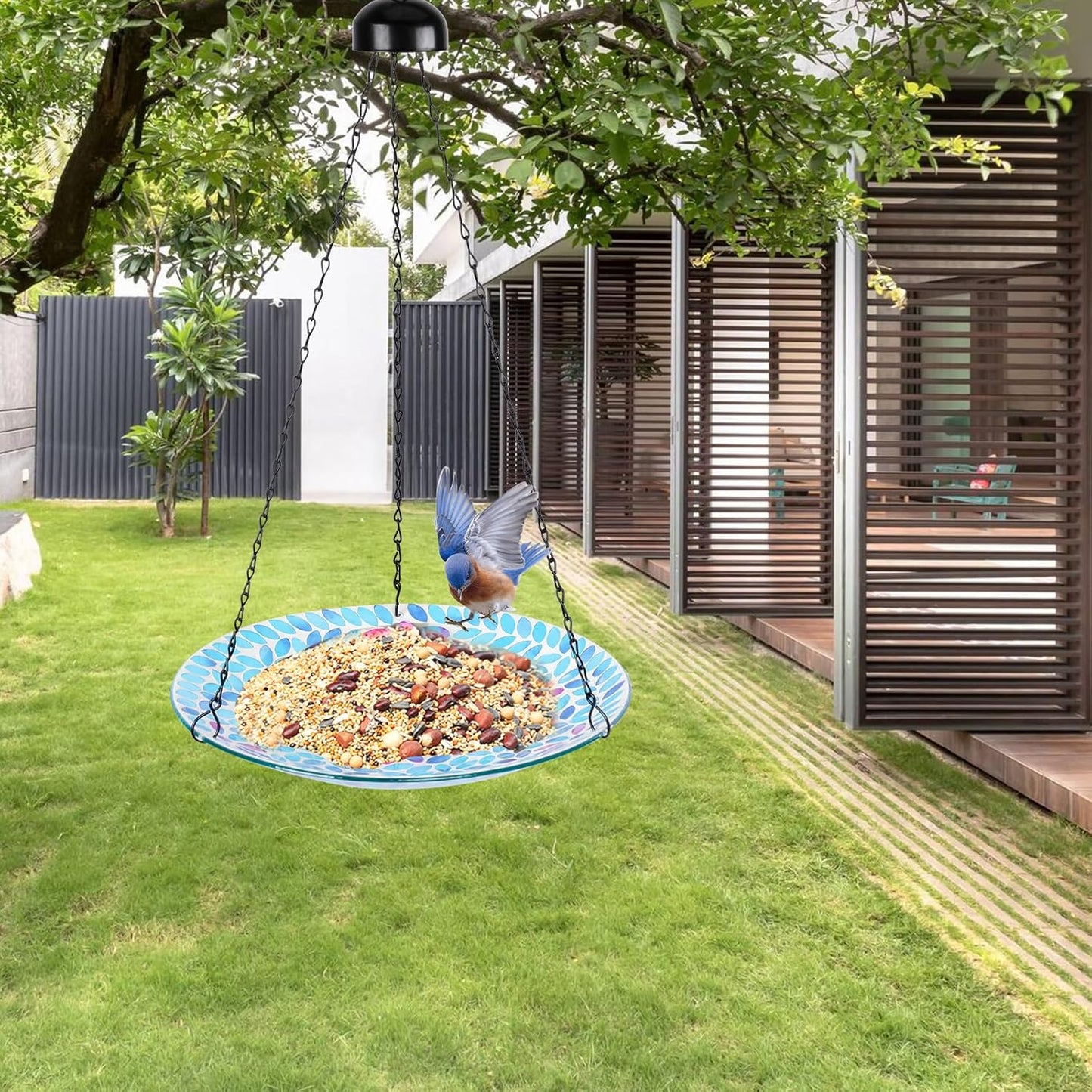 VCUTEKA Hanging Bird Bath, Glass Mosaic Bird Baths for Outdoors Birdfeeder with 21 inch Rust-Proof Chain for Garden Yard Decor, Flower