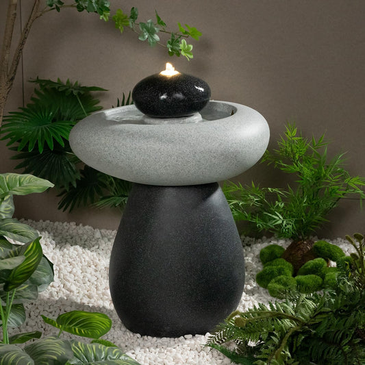 24.02" H Outdoor Water Fountain Made with Eco-Friendly Recyclable Materials, Polyethylene Rock Waterfall Outdoor Fountain, Garden Decor with LED Light & Pump for Patio, Backyard