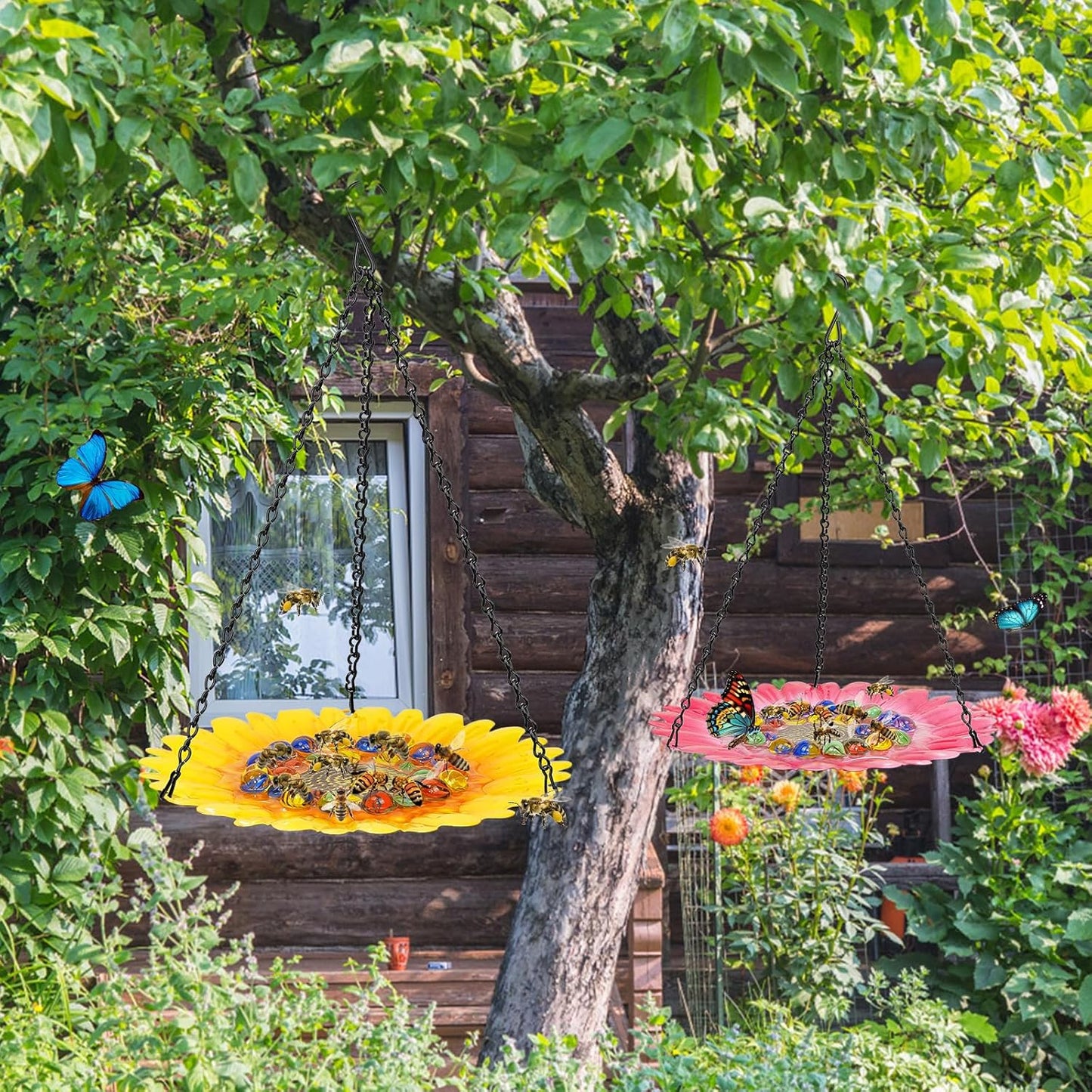 Bee Watering Station for Garden, Bee Bath Feeders for Outside with Vivid Flower Design, Hanging Butterfly Bath Bowl with Glass Balls for Outdoor Courtyard Decoration (1Pcs-Pink)
