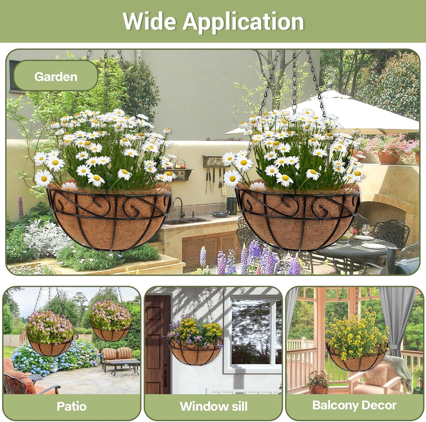 2 Pack 10 inch Metal Hanging Baskets for Plants Outdoor, Hanging Planters Basket with Coco Liners, Hanging Baskets Flower Pots for Garden, Patio, Deck, Porch Plants