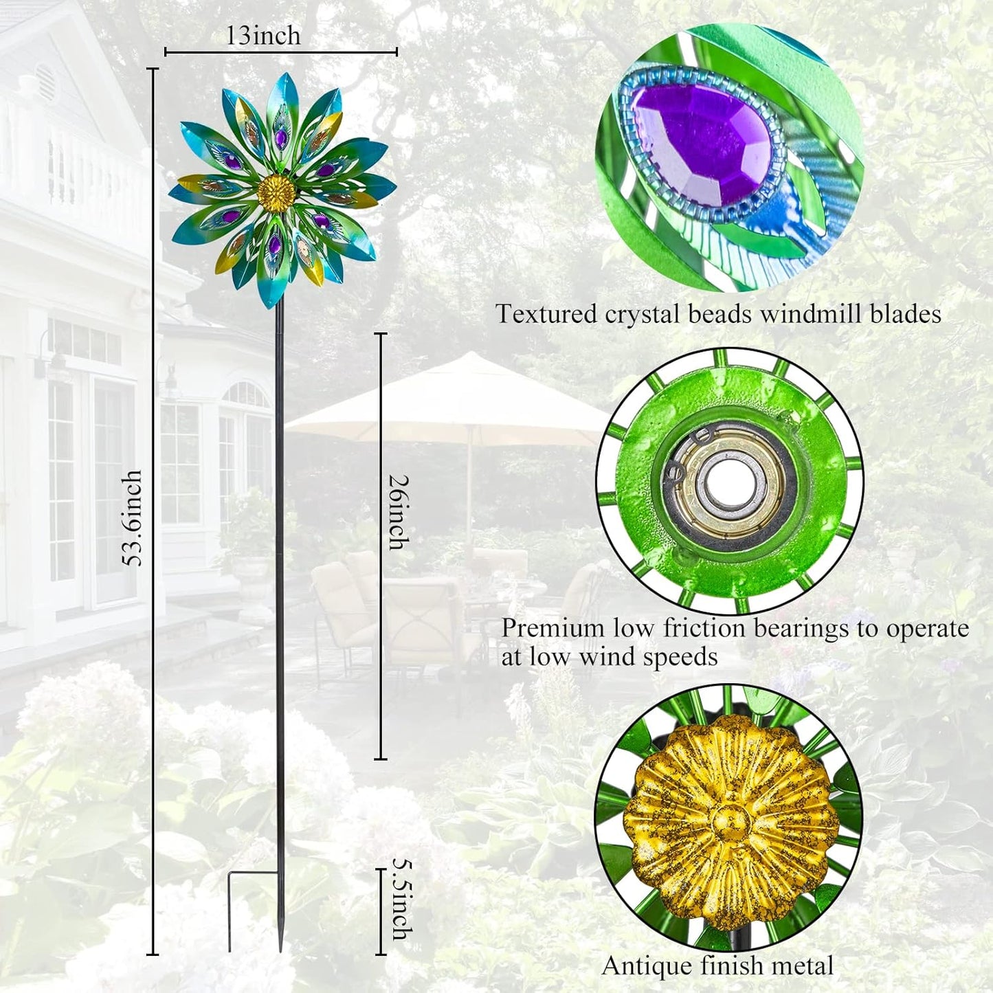 53 Inch Wind Spinner - Outdoor Metal Peacock Wind Sculptures for Garden, Patio, Yard, Lawn Decorations Double Windmill Spinner