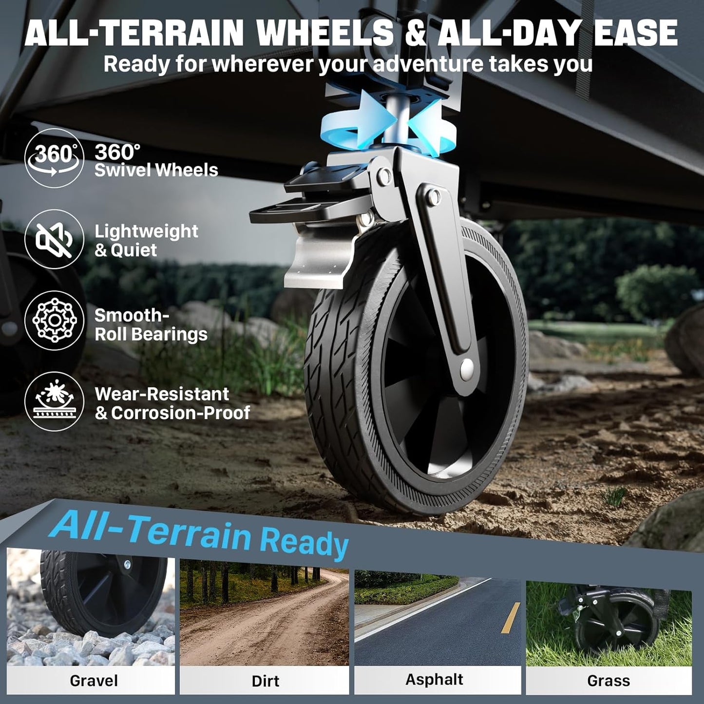 Folding Wagon Cart Foldable with Wheels, Adjustable Decker 150L-300L Capacity, All-Terrain Wheels & Brake, 450LBS Heavy Duty Collapsible Wagon for Beach, Camping, Outdoor