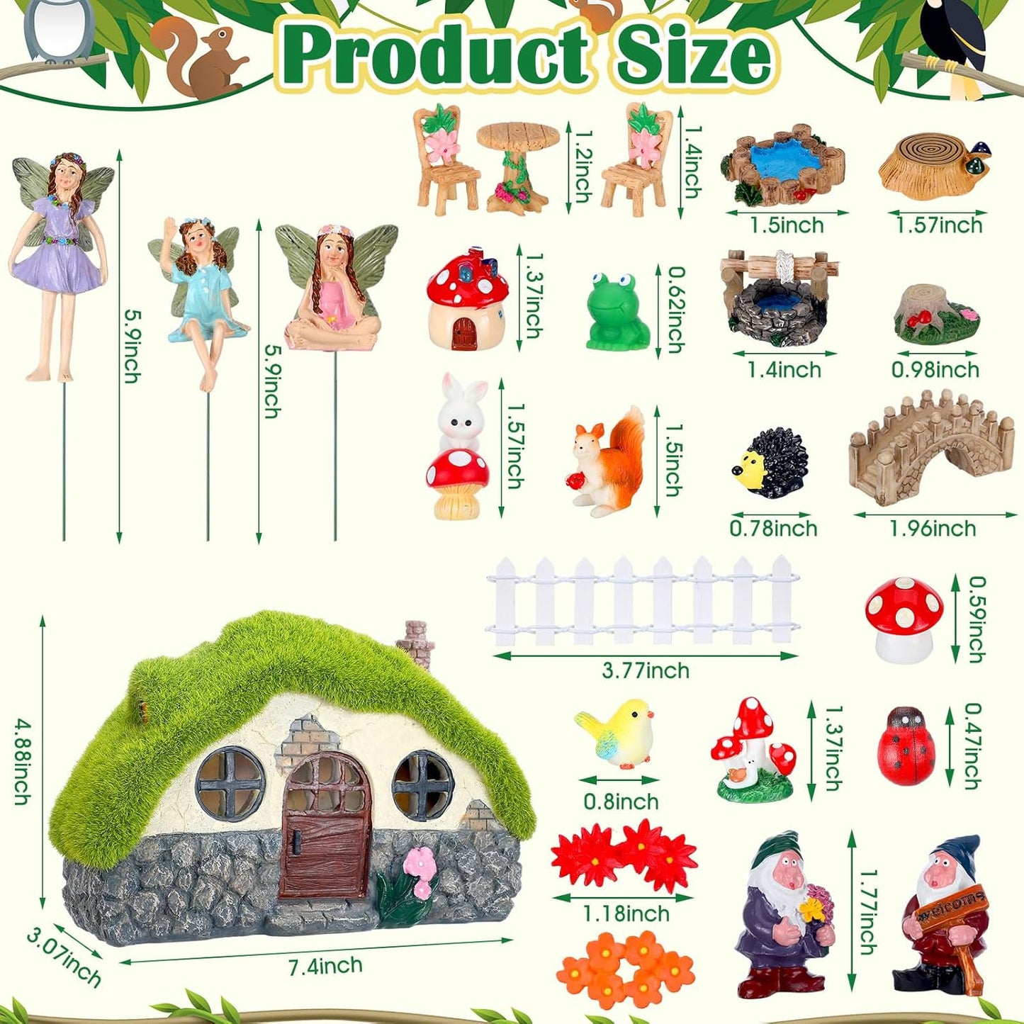Suzile 50 Pcs Solar Fairy House Garden Accessories Light up Flocked Fairy House Garden Kit Green Resin Miniature Mushroom Figures Micro Landscape Ornament(Stone House)